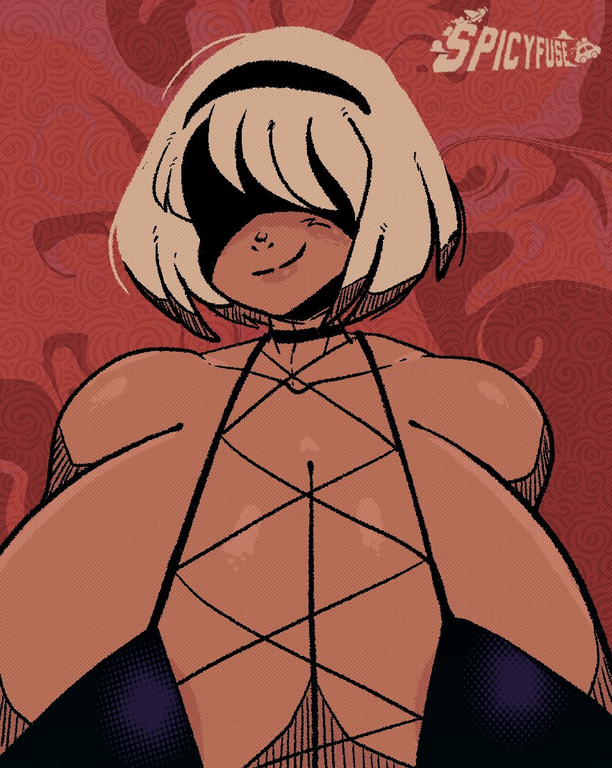 1girls, big breasts, black choker, black hairband, breasts, choker, cleavage, clothing, collarbone, female, female only, hairband, nier: automata, revealing clothes, short hair, smile, smiling, smiling at viewer, solo female, spicyfuse, white hair, yorha 2b