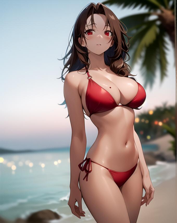 1girls ai_generated ai_mirror beach belly_button bikini blush brown_hair light_skin long_hair looking_at_viewer medium_breasts mole_on_breast palm_trees red_bikini red_eyes rocks sea seaside standing waves