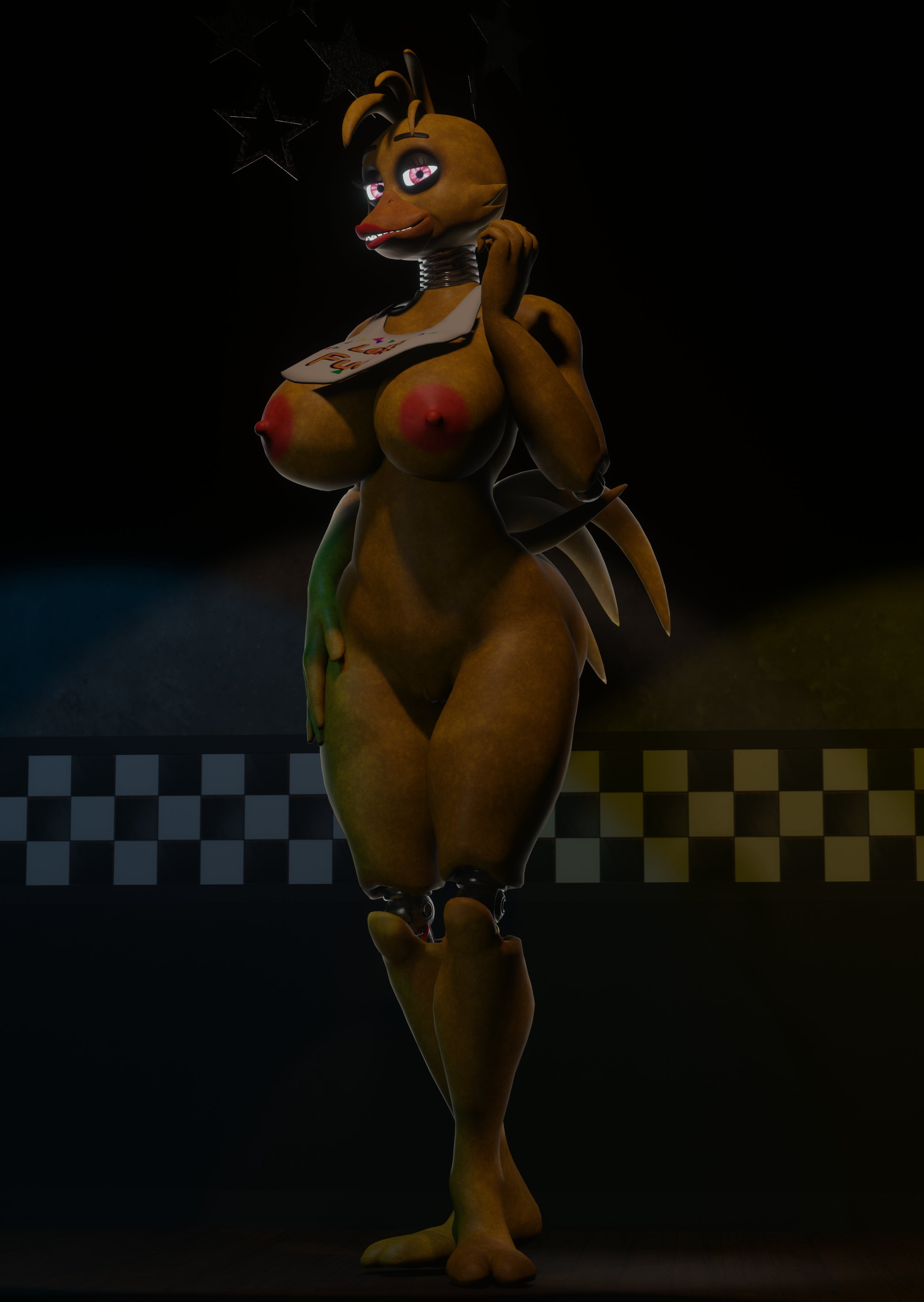 2 toes, 3d, bib, big breasts, breasts, chica (fnaf), female, five nights at freddy's, fnaf, nightmare waifu, psychojohn2, purple eyes, robot, robot girl, solo