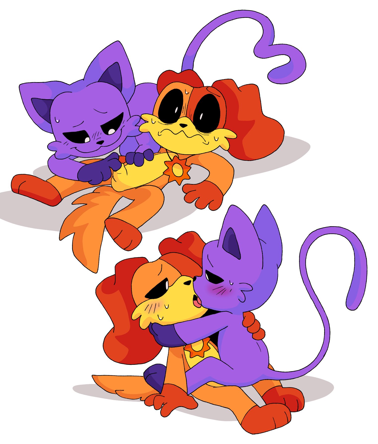 :3, 2boys, 4 fingers, anthro, anthro on anthro, anthro only, blush, blushing, cat ears, cat tail, catnap (poppy playtime), critters (poppy playtime), dog, dog ears, dogday (poppy playtime), feline, floppy ears, furry only, gay, kissing, making out, male, male/male, necklace, no humans, orange fur, pachi rizuu, penis, poking penis, poppy playtime, poppy playtime (chapter 3), purple fur, sex, sheath, sitting on lap, smiling critters, sweat, tagme, teasing, white background