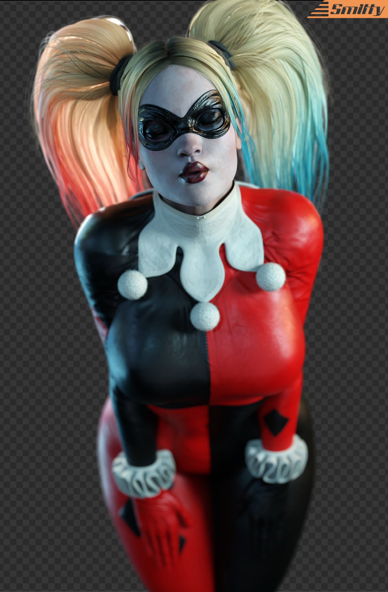 1girls, 3d, 3d (artwork), artist name, batman (series), batman: arkham knight, big breasts, bodysuit, breasts, busty, clown, clown girl, curvaceous, curvy, curvy figure, dc, dc comics, eye mask, eyes closed, female, female only, harley quinn, harley quinn (classic), harley quinn (injustice), hourglass figure, huge breasts, injustice 2, jester, jester cap, jester costume, jester girl, jester hat, jester outfit, kissing, large breasts, long hair, multicolored hair, slim waist, smitty34, solo, thick, thick hips, thick thighs, twintails, villain, villainess, voluptuous, voluptuous female, wide hips, wide thighs
