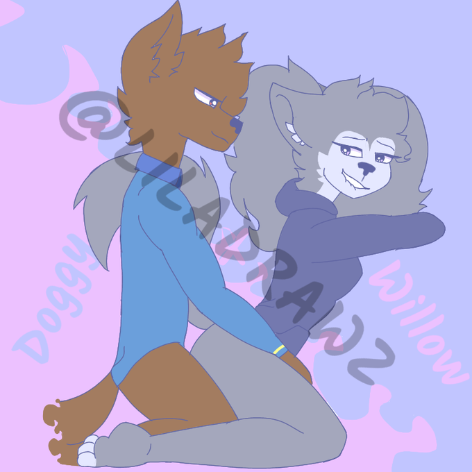 anthro ass bite biting_lip canid canine canis doggy_(piggy) doggy_style domestic_dog duo eye_contact female from_behind_position liladrawz looking_at_another male male/female mammal piggy:_book_2 piggy_(game) roblox roblox_game sex smile willow_(piggy) wolf wolf_girl wolf_tail