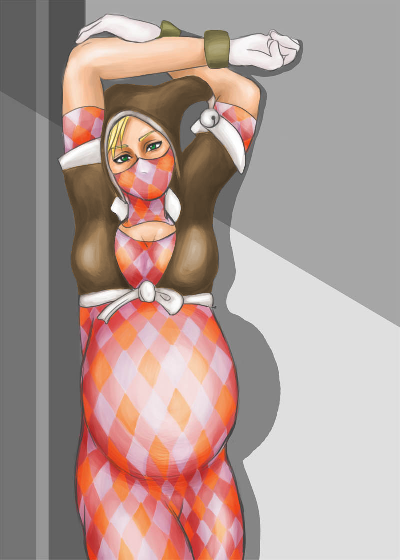 1girls b2 b2_(artist) blonde_hair gloves green_eyes harlequin jacket jester jester_cap leaning_against_wall mask masked masked_female pregnant skin_tight solo timesplitters viola_(timesplitters) white_gloves