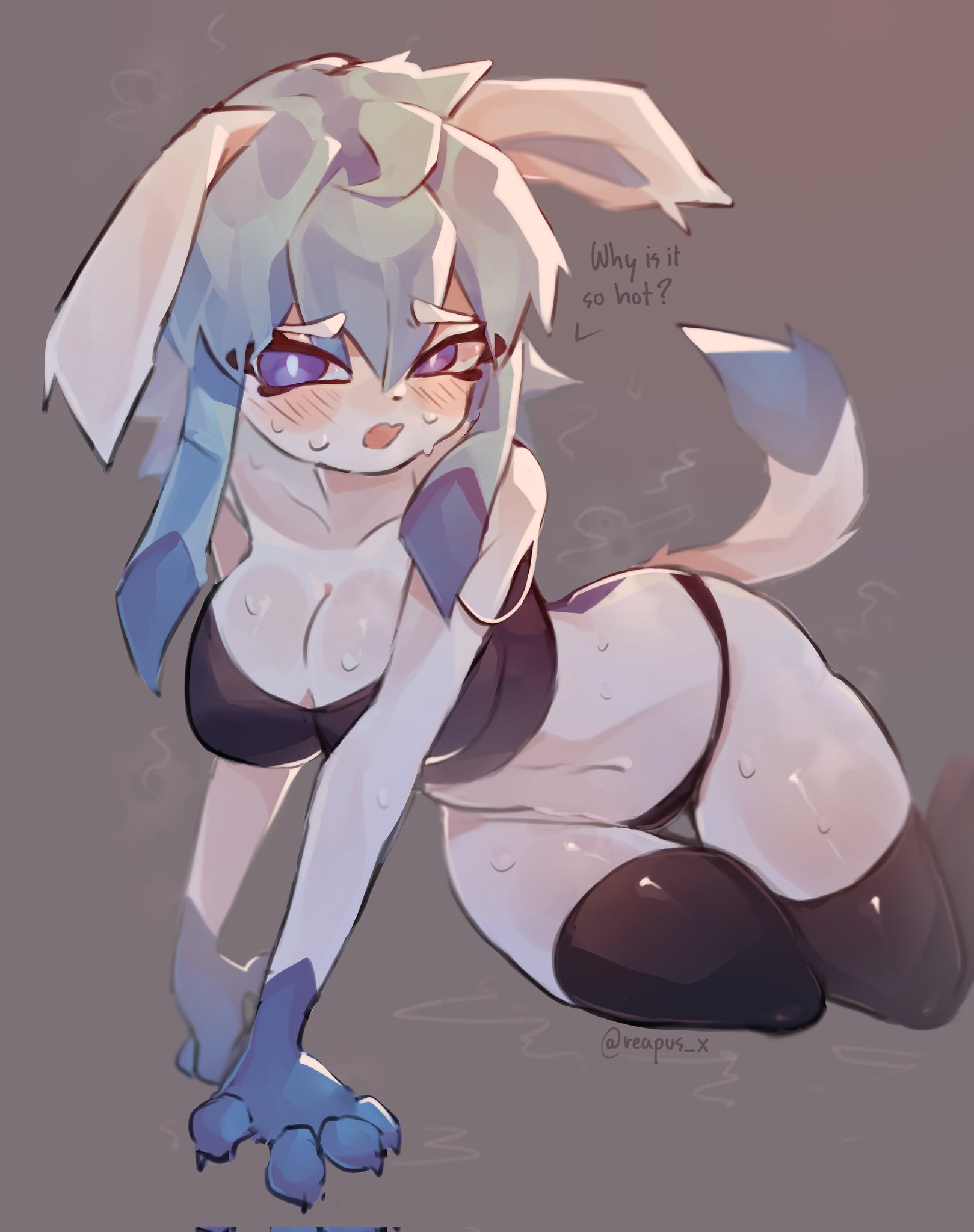 anthro, blush, breasts, cleavage, eeveelution, eye contact, female, glaceon, pokemon, pokemon (species), reapus, reapus x, sweat, thigh highs, wide hips