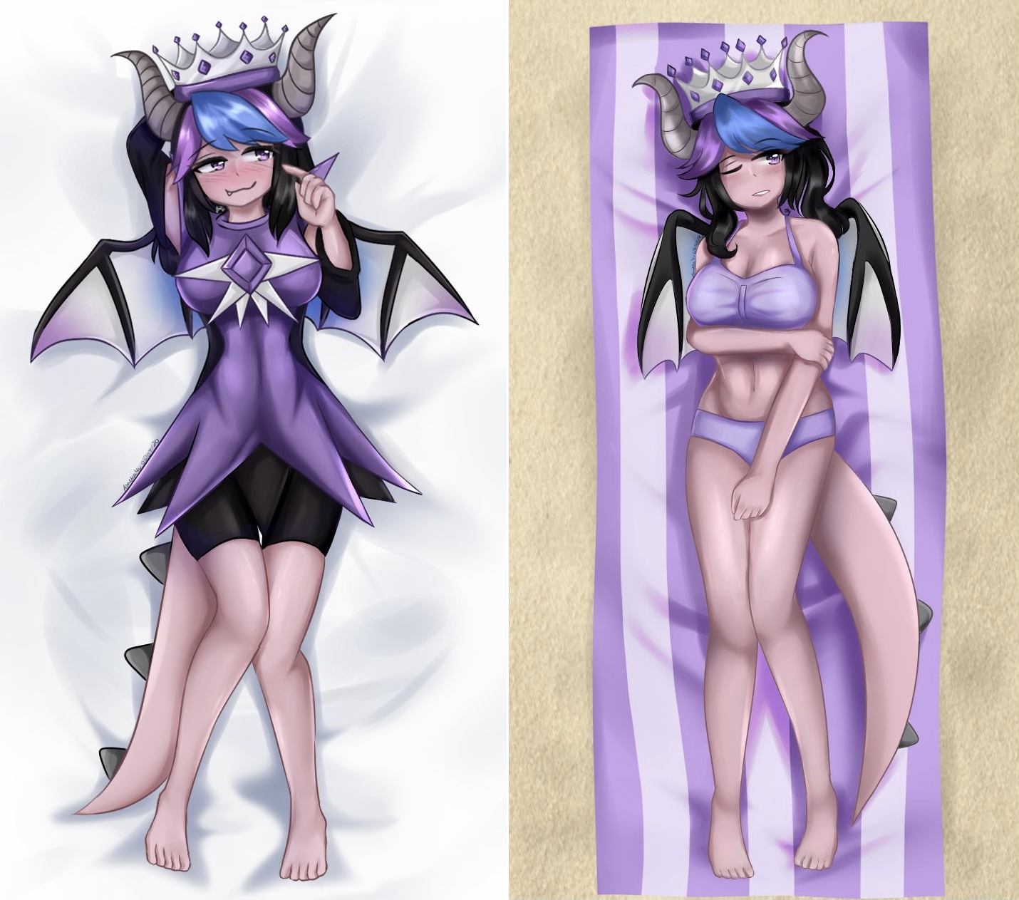 1girls, artist request, barefoot, beach, blush, body pillow, crown, female, hair, horns, milf, purple, purple eyes, roblox, roblox game, source request, sylvia (tower heroes), tagme, tail, towel, tower heroes, wings