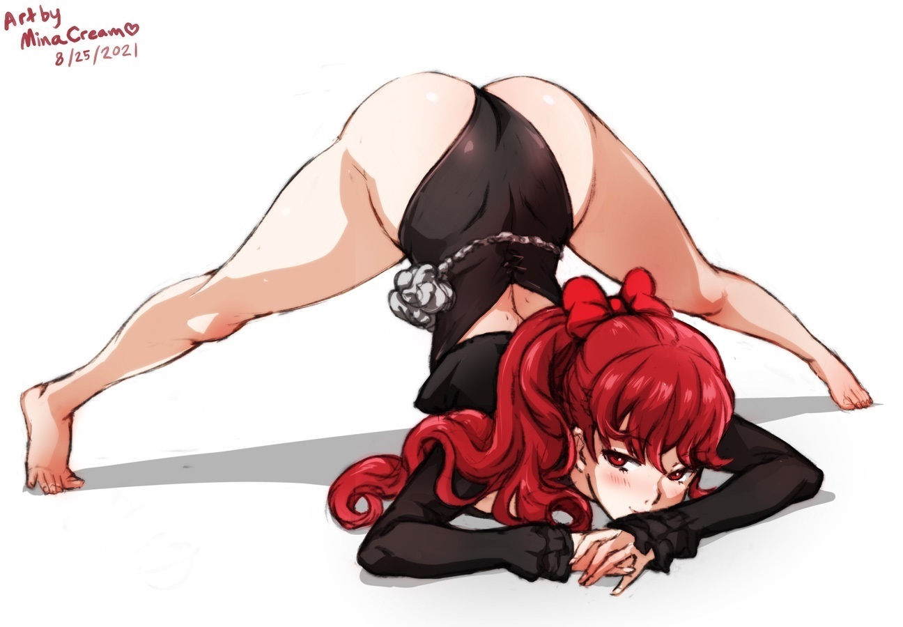1girls, ass, ass up, atlus, bare thighs, barefoot, bow, face down ass up, feet, female, jack-o pose, kasumi yoshizawa, large ass, medium hair, minacream, persona, persona 5, persona 5 royal, phantom thief suit, ponytail, pose, red eyes, red hair, sega, smile, solo, spread legs, sumire yoshizawa
