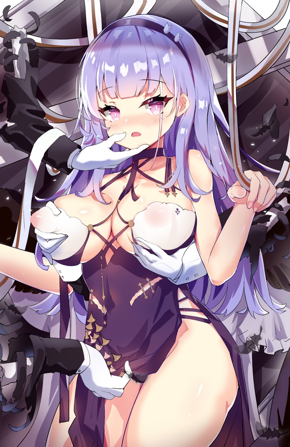 14chendoe 1girls azur_lane bra breast_grab dido_(anxious_bisque_doll)_(azur_lane) dido_(azur_lane) erect_nipples fondling_breasts groping_breasts headband holding_umbrella light-skinned_female light_skin purple_hair royal_navy_(azur_lane) see-through skirt_lift tagme thighs