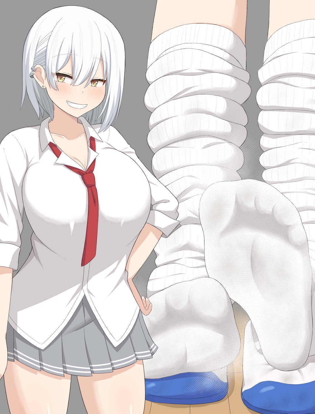 blush, breasts, earrings, feet, female, foot fetish, foot focus, grin, gyaru, highres, huge breasts, jewelry, jkisaradu, looking at viewer, loose socks, medium hair, no shoes, original, school uniform, shoes removed, skirt, smell, smile, socks, soles, solo, toes, white hair, white legwear, white socks