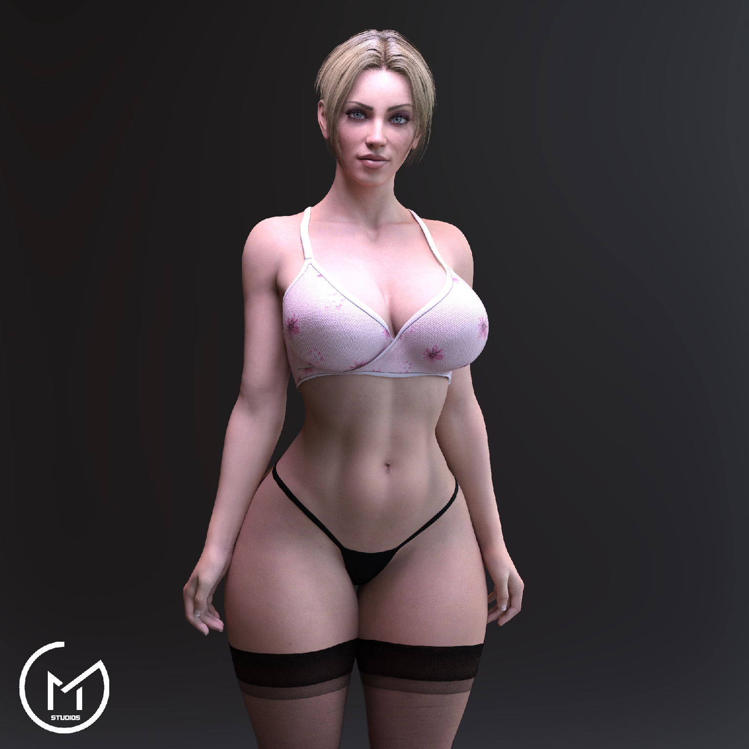 1girls, 3d, black stockings, blonde hair, bra, breasts, cleavage, female, female only, g-string, gm studios, hourglass figure, iq (rainbow six), large breasts, looking at viewer, navel, panties, rainbow six, rainbow six siege, short hair, smile, solo, stockings, thick thighs, thong, underwear, wide hips