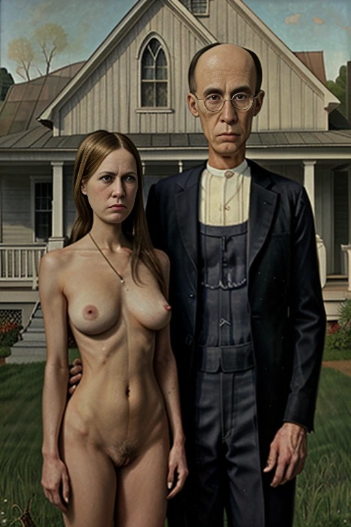 1boy 1girls ai_generated american_gothic clothed_male cmnf female male naked naked_female outdoors painting topless