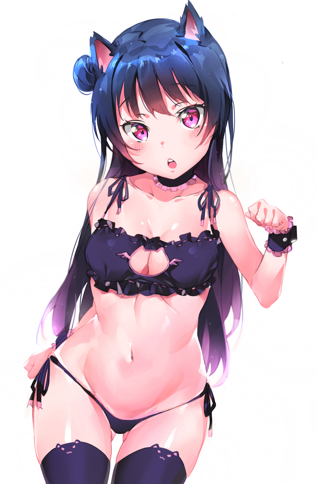 1girls, animal ears, black legwear, blue hair, bra, cat ears, cat keyhole bra, female, love live!, love live! sunshine!!, open mouth, panties, purple eyes, tem10, thighhighs, tsushima yoshiko, white background