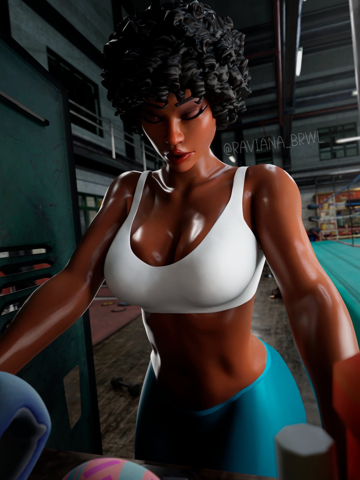 afro bunny_brawler bunny_ears bunnysuit curly_hair dark-skinned_female dark_skin fortnite gym gym_uniform lipstick raviana_brwl