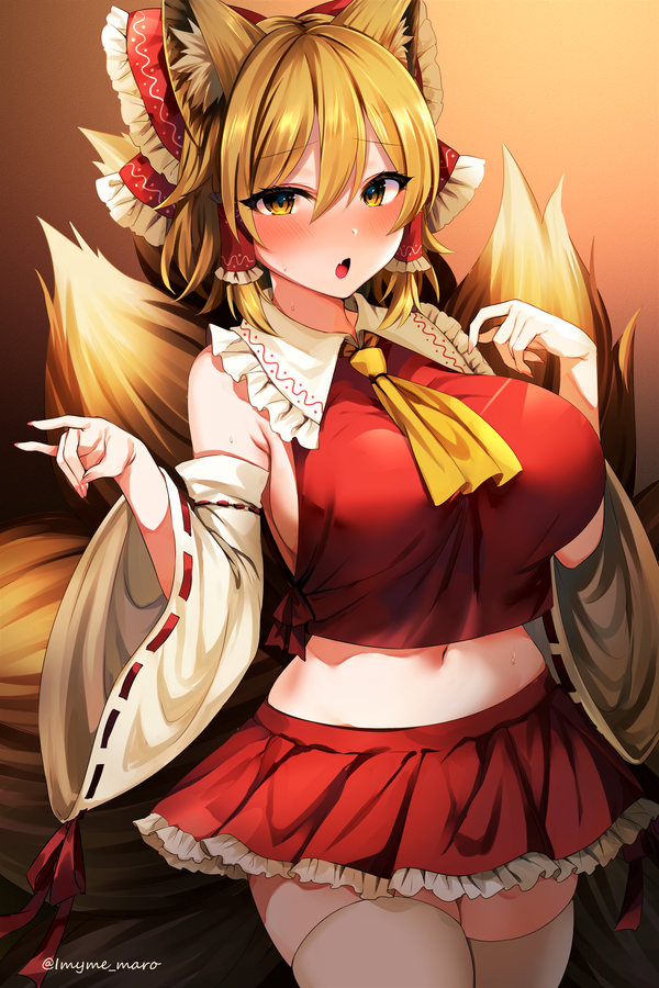 animal_ear_fluff animal_ears artist_name ascot bare_shoulders blonde_hair blush bow breasts brown_background commentary_request cosplay cowboy_shot crop_top detached_sleeves female fox_ears frilled_bow frilled_shirt_collar frills gradient_background hair_between_eyes hair_tubes hairbow hakurei_reimu hakurei_reimu_(cosplay) large_breasts long_sleeves looking_at_viewer marota marota_(imyme_maro) mature_female midriff milf miniskirt navel open_mouth petticoat pleated_skirt ran_yakumo red_bow red_skirt reimu_hakurei reimu_hakurei_(cosplay) ribbon-trimmed_sleeves ribbon_trim short_hair skirt skirt_set solo standing thighhighs thighs touhou twitter_username white_thighhighs wide_sleeves yakumo_ran yellow_ascot yellow_eyes