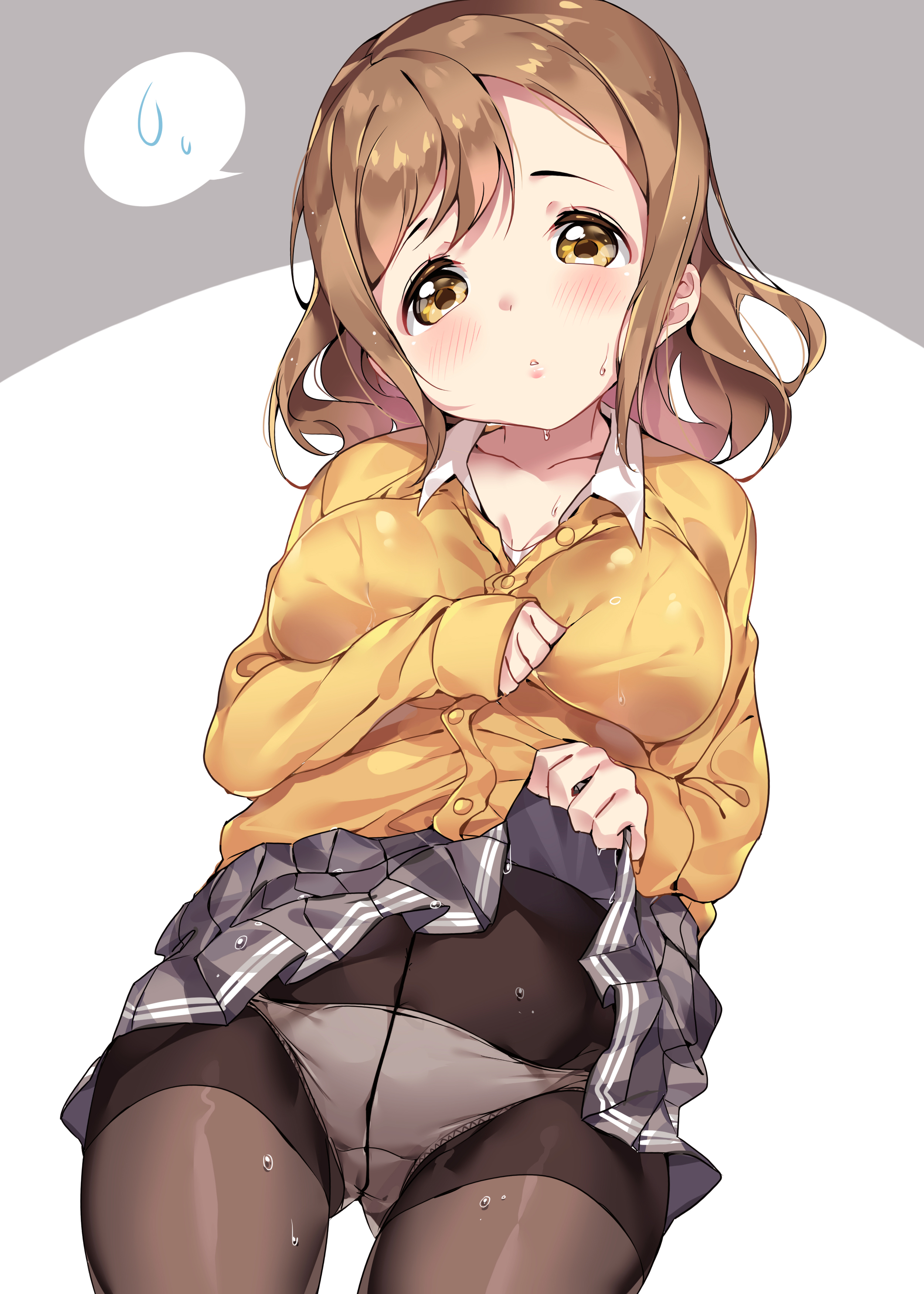 1girls, blush, brown hair, cardigan, collared shirt, cute, female, fully clothed, kunikida hanamaru, love live!, love live! sunshine!!, panties, panties under pantyhose, pantyhose, school uniform, skirt, skirt lift, tem10, yellow eyes
