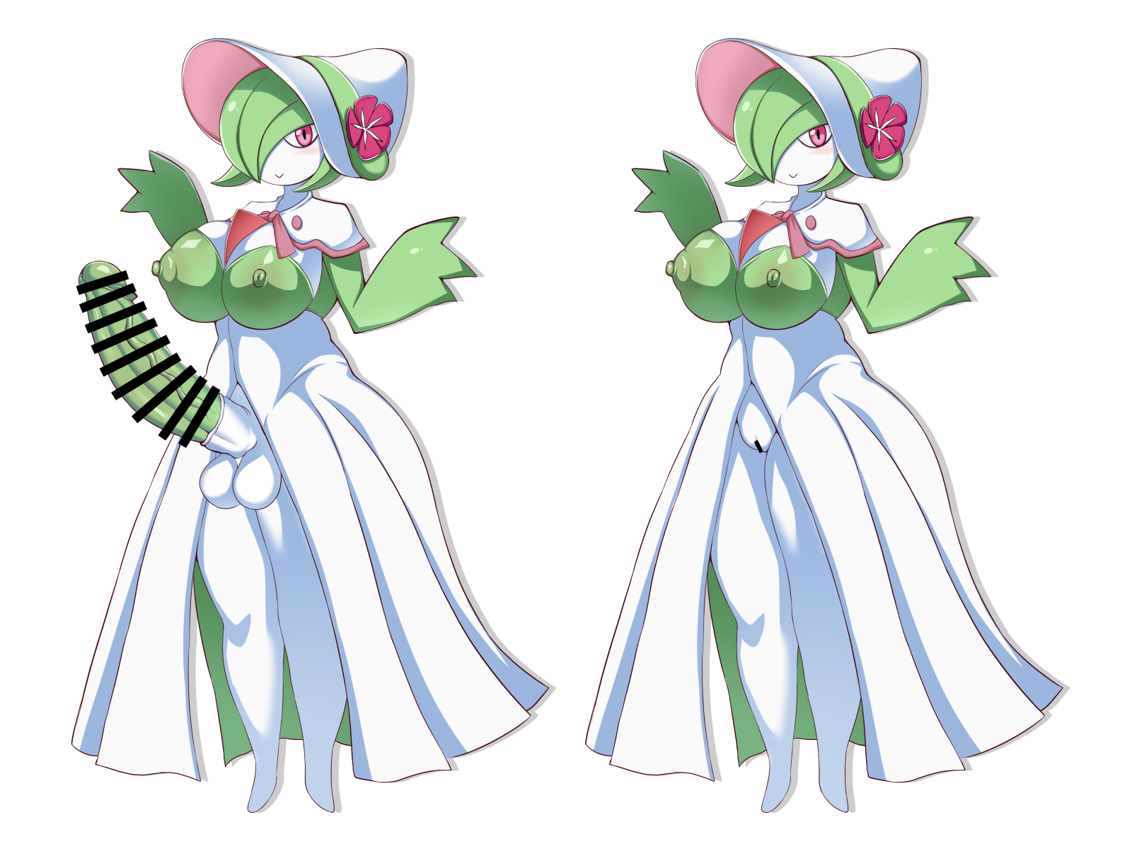 1futa, 1girls, alternate version at source, areolae, balls, bar censor, big balls, big breasts, breasts, censored, clothed, clothing, dress, erection, fashionable style gardevoir, female, female gardevoir, full body, functionally nude, futa gardevoir, futanari, gardevoir, hat, huge cock, humanoid, humanoid penis, intersex, itomaruzz, nintendo, partially clothed, penis, pokémon (species), pokemon, pokemon (species), pokemon rse, pussy, solo, standing, wide hips