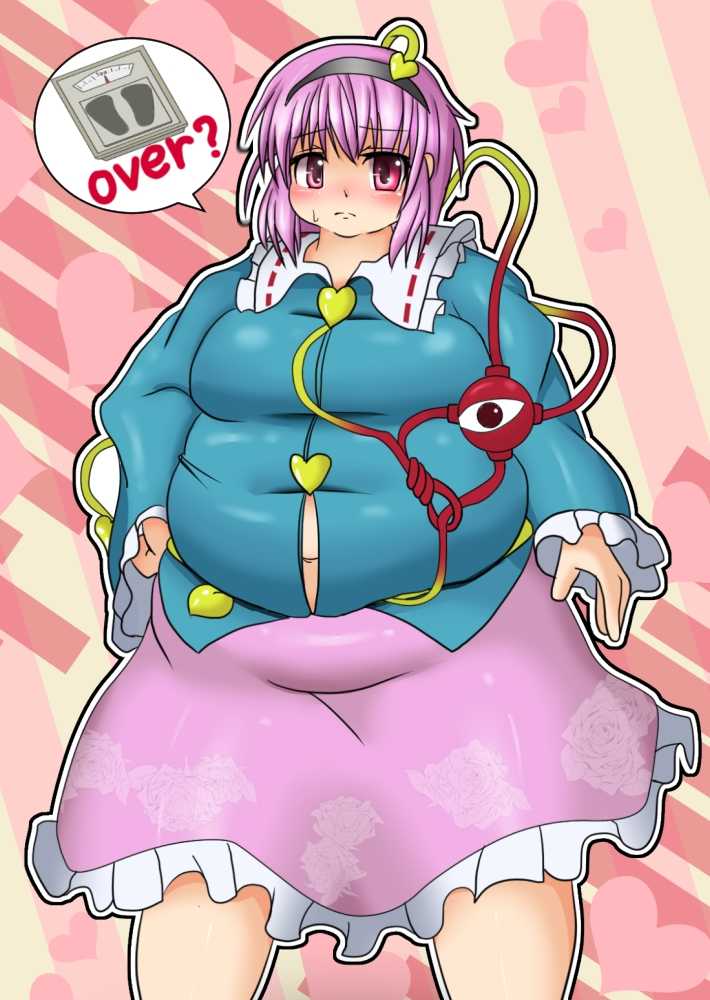 bbw, belly overhang, big belly, big female, blush, chubby, chubby female, embarrassed, fat, fat female, fat fetish, fatty, female, giantess, large female, mini giantess, obese, obese female, overweight, overweight female, pink hair, plump, pork chop, satori komeiji, thick thighs, third eye (touhou), tight clothing, tight fit, touhou, tubby, weight conscious, weight gain