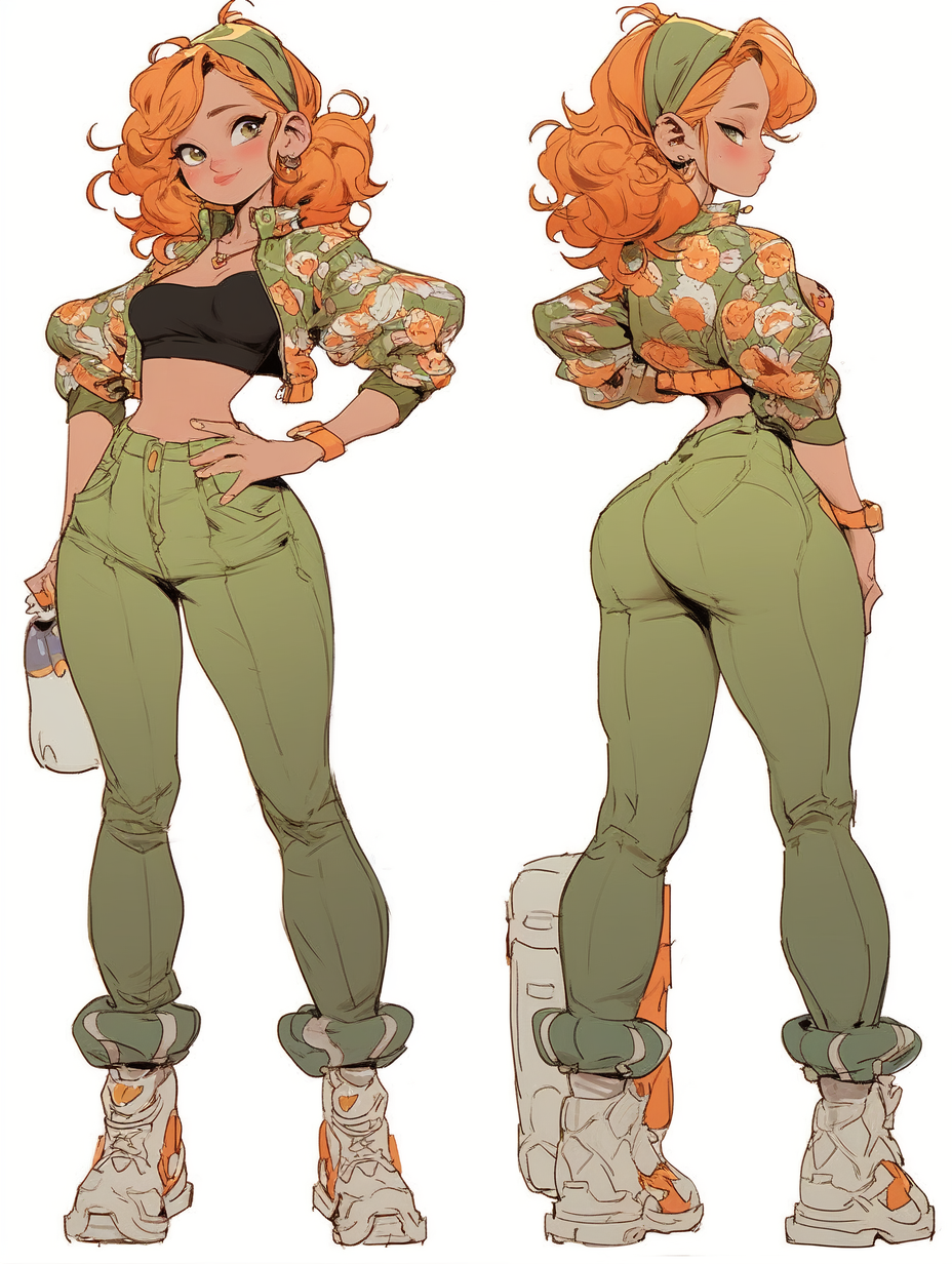 ai_generated character_sheet front_and_back ginger green_clothing green_eyes hairband krystalizedart medium_breasts medium_hair narrow_waist orange_hair original_character red_hair roselyn_(krystalizedart) smile smirk solo solo_female thick_thighs white_background