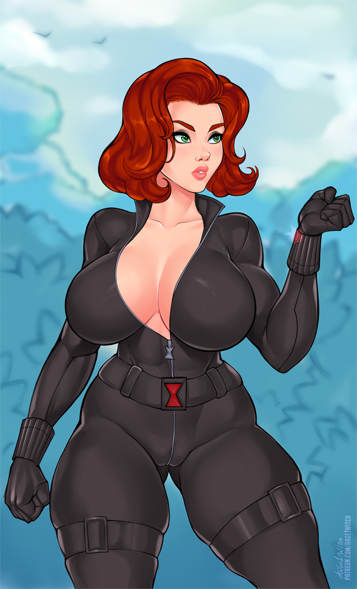 1girls, alternate version available, ange1witch, avengers, big breasts, black widow (marvel), bodysuit, breasts, breasts bigger than head, cleavage, female, female only, human, human only, large breasts, light skin, light-skinned female, marvel, marvel comics, mature female, natasha romanoff, red hair, solo, solo female, thick thighs, tight clothing, unzipped, unzipped bodysuit, voluptuous, wide hips