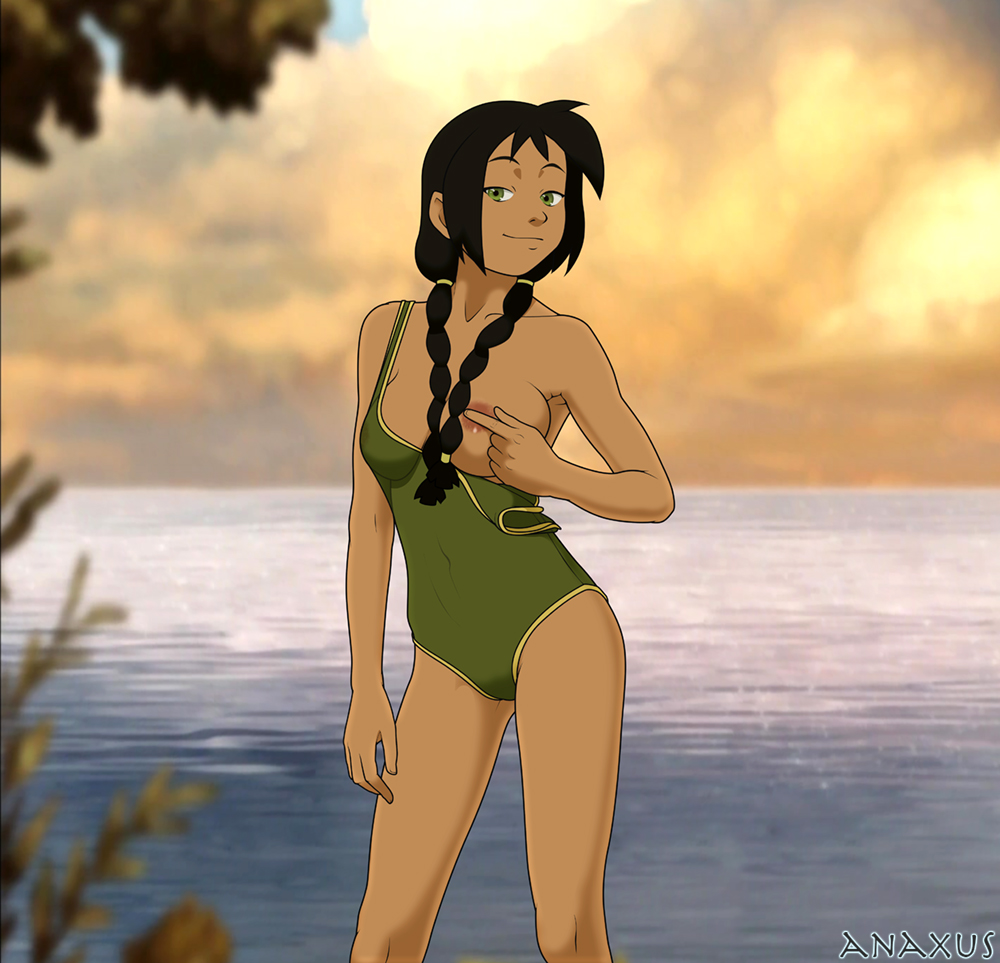 1girls, anaxus, areolae, avatar the last airbender, black hair, breasts, brown skin, covered nipples, covering breasts, dark skin, dark-skinned female, earth kingdom, female, female only, green eyes, jin (avatar), looking at viewer, medium breasts, nickelodeon, one breast out, one-piece swimsuit, outdoorsg, smile, solo, swimsuit, twin braids, twintails