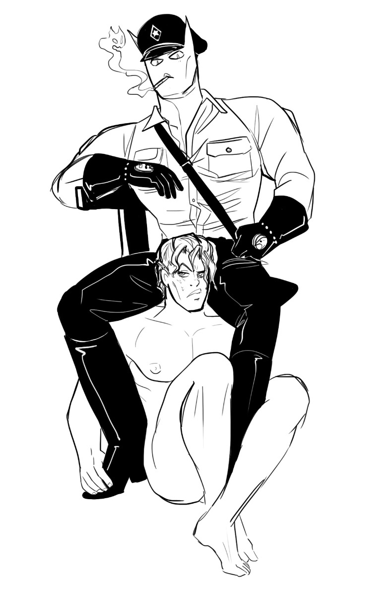 2boys bondage diamond_is_unbreakable herzspatler jojo's_bizarre_adventure killer_queen leather_boots leather_gloves male_focus male_only police_hat police_uniform smoking_cigarette stand_(jjba) yoshikage_kira