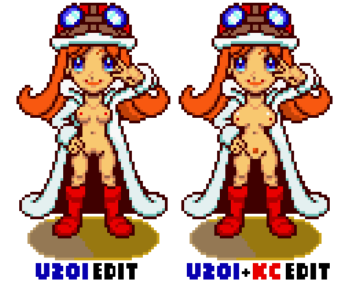 areolae blue_eyes boots breasts edit kurocharu mona_(warioware) nude_filter orange_hair partially_clothed peace_sign pixel_art pubic_hair pussy sprite_edit transparent_background u2o1 warioware:_touched!