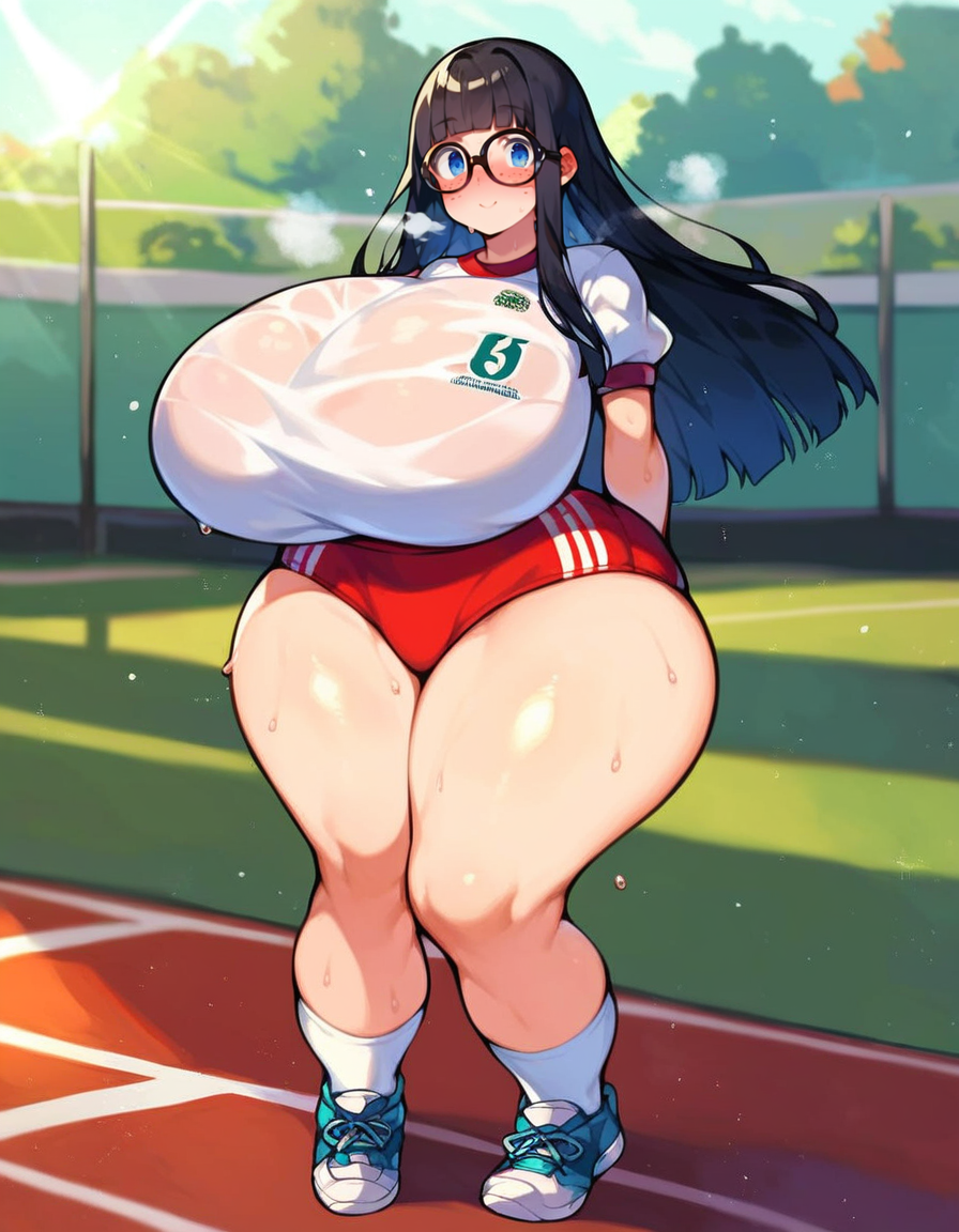 ai_generated arms_behind_back black_hair blue_eyes buruma exhausted freckles gigantic_breasts gigantic_thighs glasses gym_uniform hyper_breasts hyper_thighs nerd nerdy_female school_uniform see-through shoes smile socks stable_diffusion student sunlight sweaty_body thick_thighs track_and_field very_sweaty voluptuous wide_hips