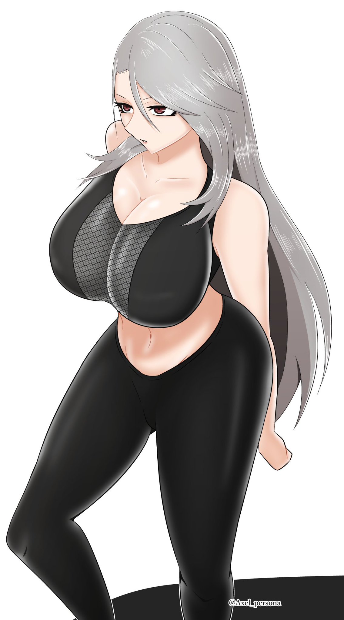 1girls, 2021, axel persona, big breasts, breasts, clothed, clothing, female, huge breasts, large breasts, leggings, persona, persona 5, red eyes, sae niijima, silver hair, sports bra, sportswear, white background, yoga pants
