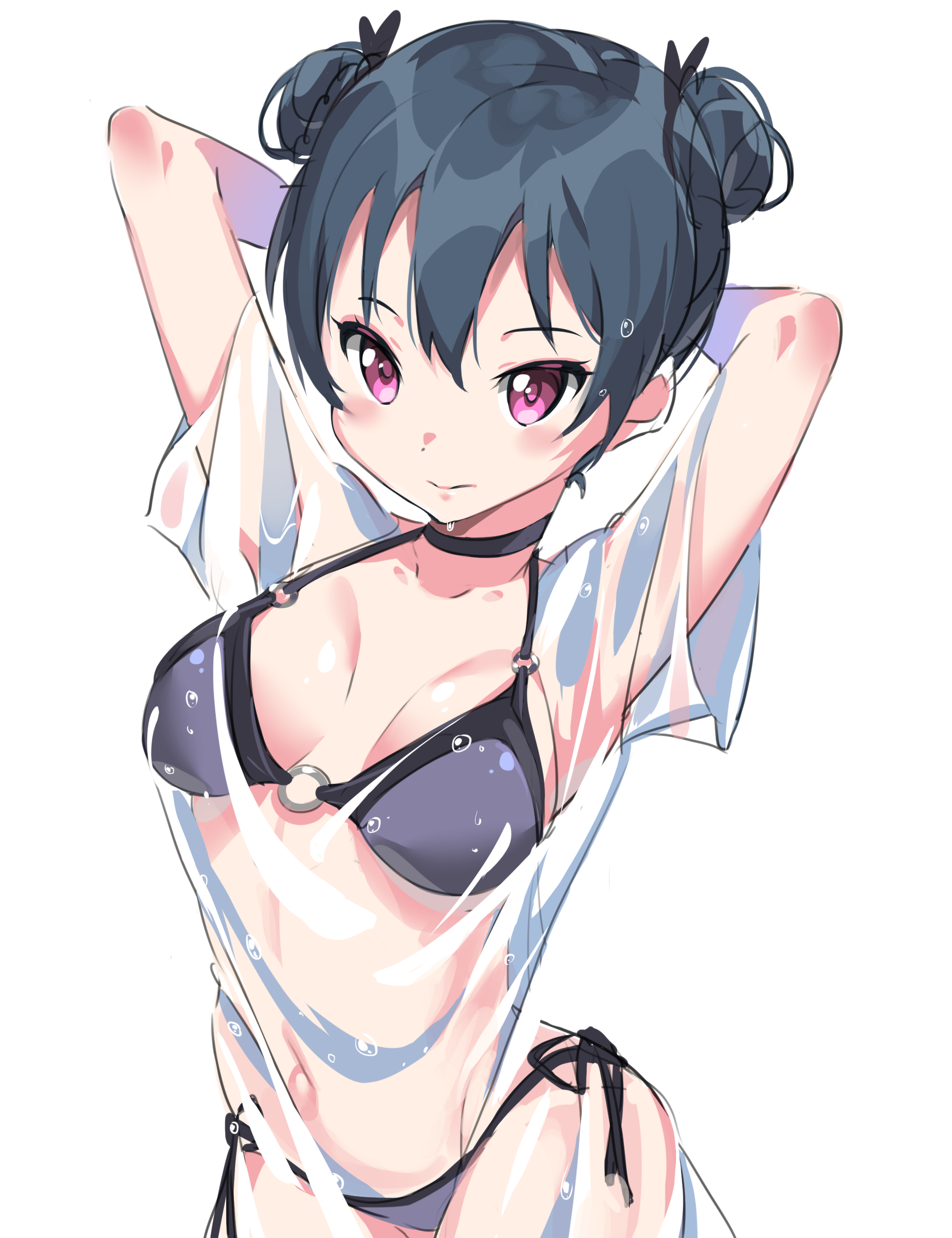 1girls, alternate hairstyle, bikini, blue hair, female, hair bun, love live!, love live! sunshine!!, purple eyes, swimsuit, tem10, tsushima yoshiko, wet clothes