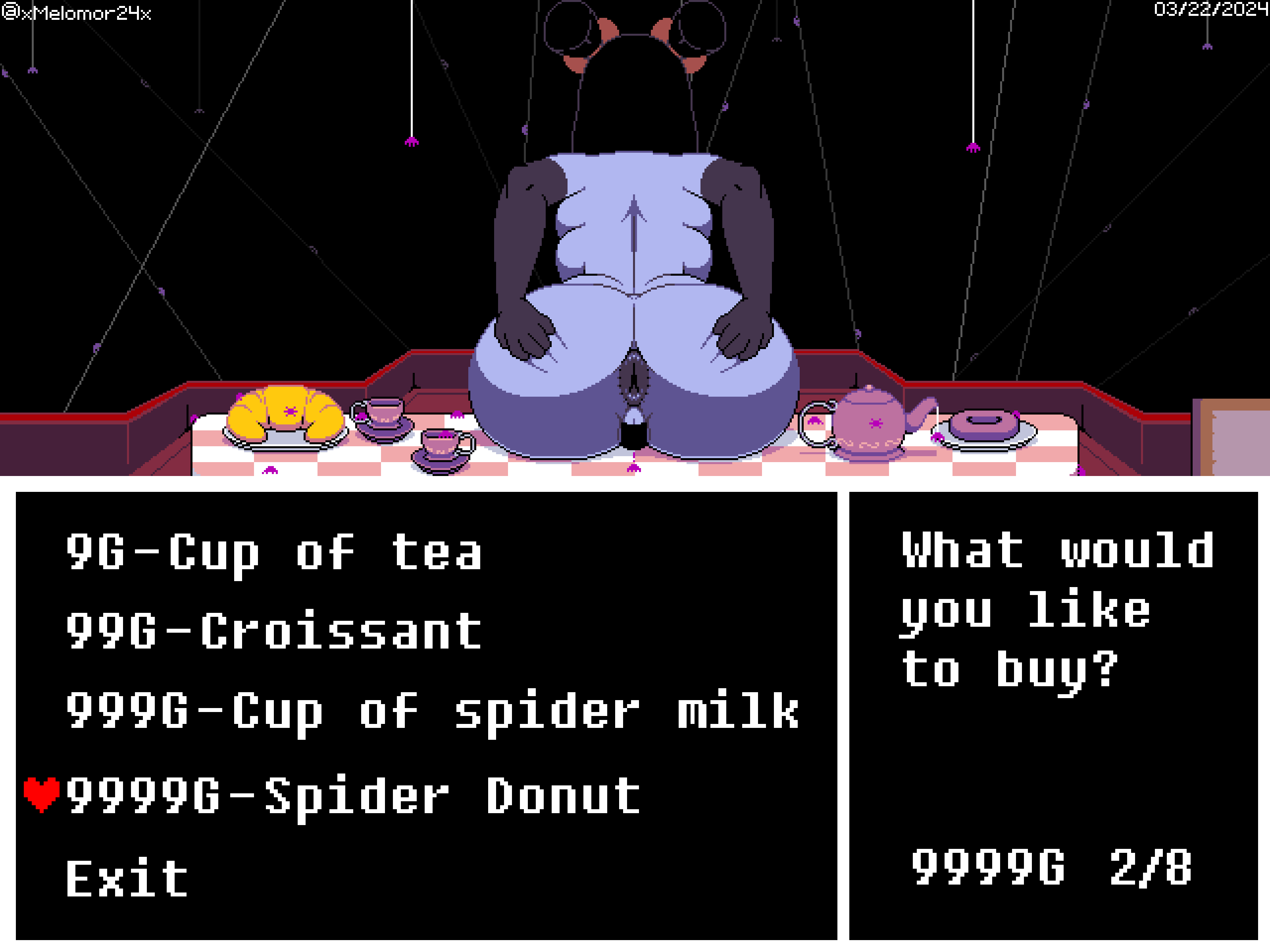 1girls 2d anus back_view bow duct_tape english_text female female_focus female_only game_ui gameplay_mechanics humanoid muffet pixel_(artwork) pixel_art presenting presenting_anus presenting_hindquarters purple_body spider_girl spider_humanoid spreading spreading_ass tagme text undertale undertale_(series) xmelomor24x