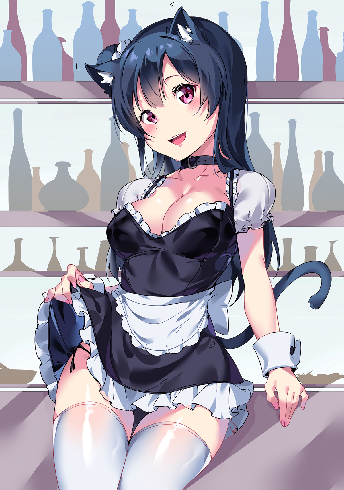 1girls, animal ears, black panties, blue hair, breasts, cat ears, cat tail, choker, female, hair bun, love live!, love live! sunshine!!, maid uniform, medium breasts, open mouth, panties, skirt, skirt lift, tem10, thighhighs, tsushima yoshiko, white legwear, wrist cuffs