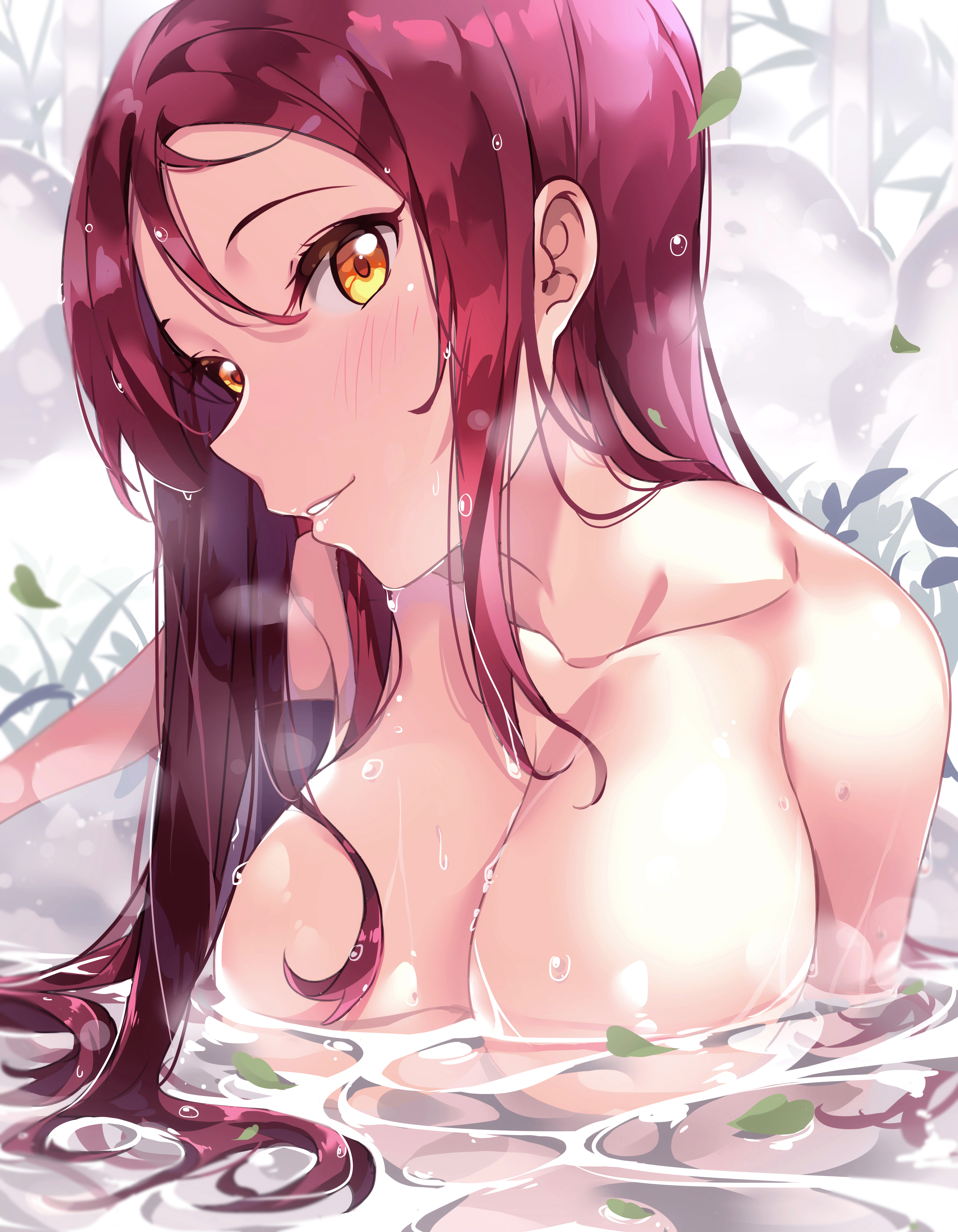 1girls, 2d, big breasts, breasts, female, leaf, long hair, love live!, love live! sunshine!!, red hair, sakurauchi riko, smile, solo, tem10, wet, yellow eyes