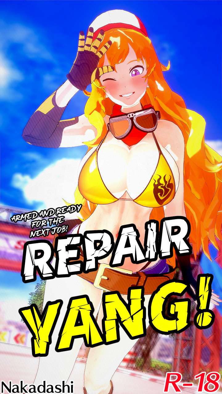 1girls bikini bikini_top blonde_female blonde_hair cover_page long_hair long_hair_female nakadashi_(artist) pose posing purple_eyes repair robotic_arm rwby yang_xiao_long