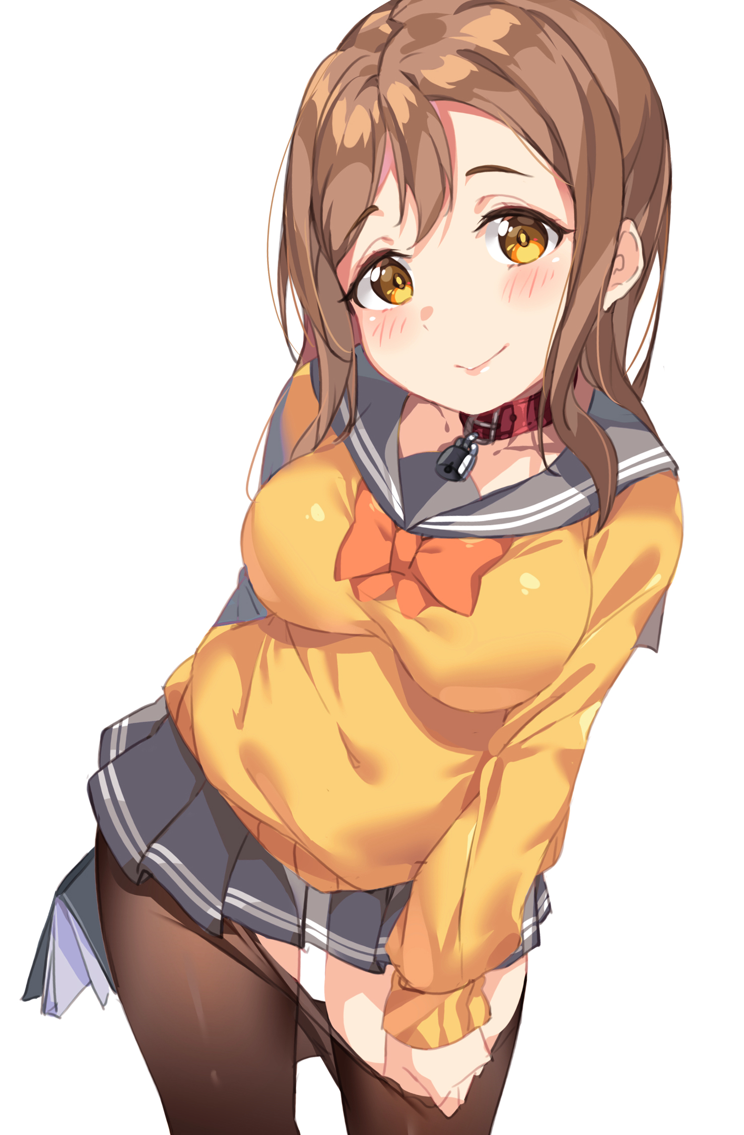 1girls, breasts, brown hair, collar, female, kunikida hanamaru, love live!, love live! sunshine!!, medium breasts, pantyhose, pantyhose pull, school uniform, smile, tem10, yellow eyes