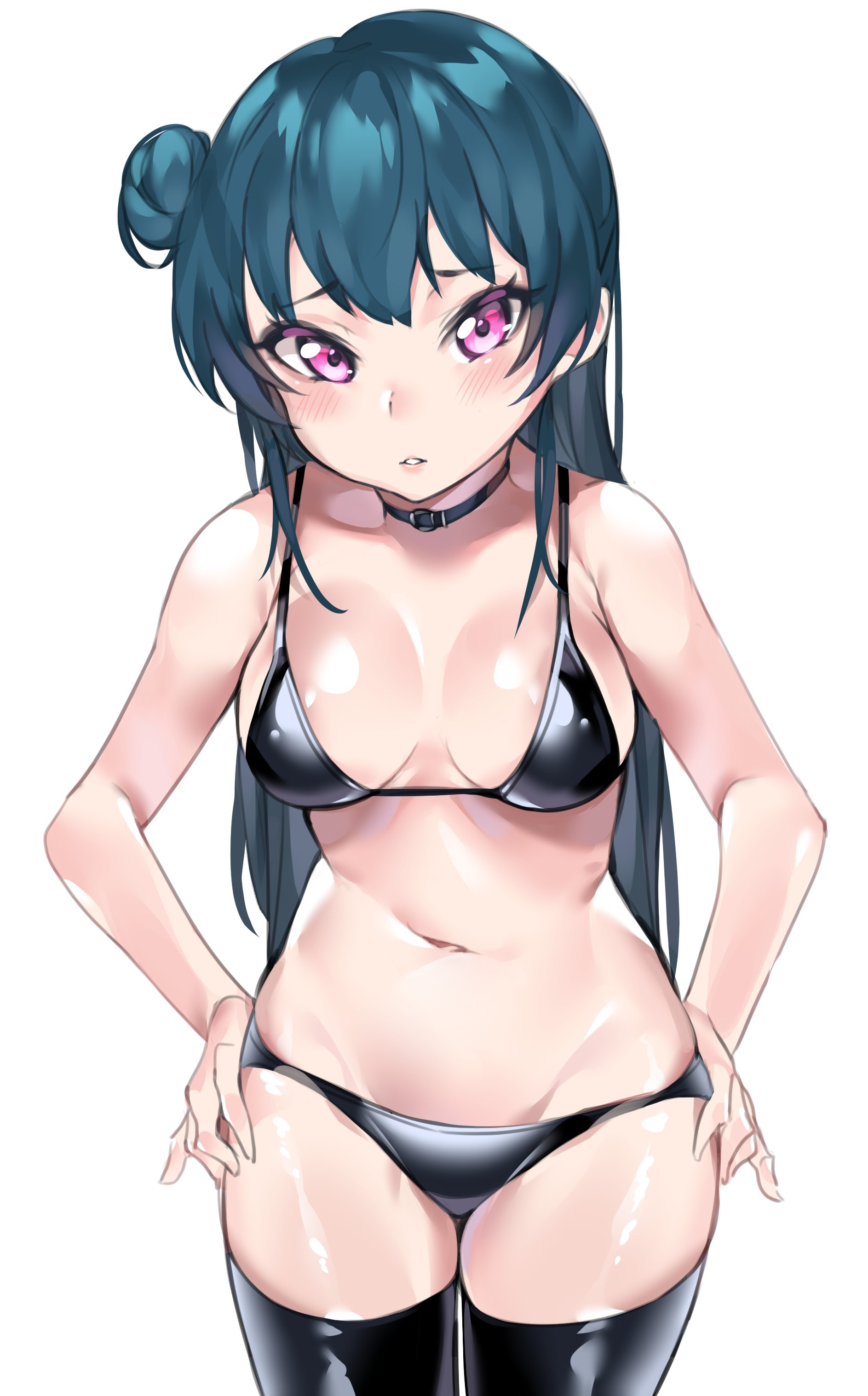 1girls, bikini, black legwear, blue hair, blush, breasts, choker, female, hair bun, love live!, love live! sunshine!!, medium breasts, purple eyes, shiny skin, swimsuit, tem10, thighhighs, tsushima yoshiko