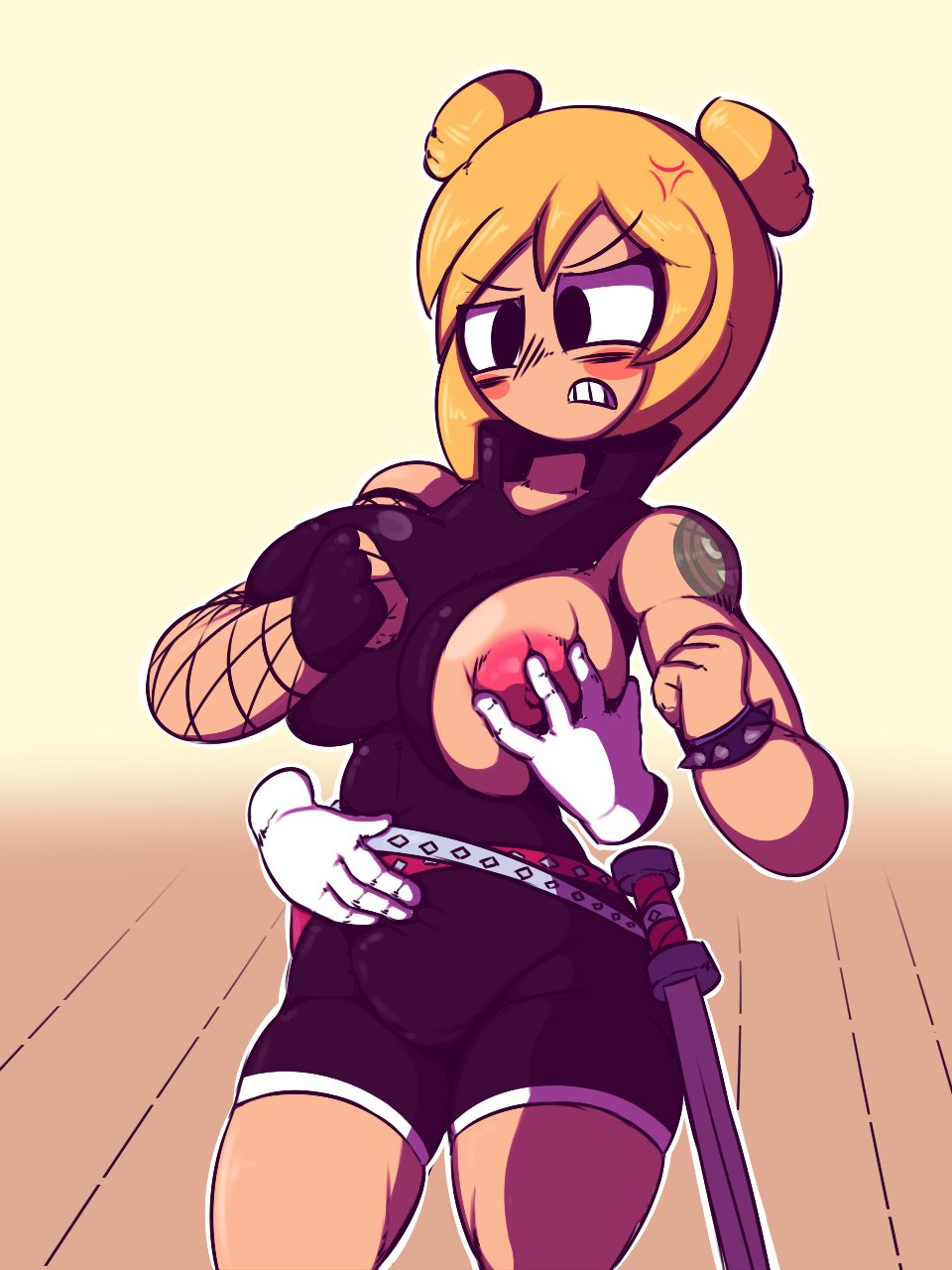 1girls anger_vein bare_shoulders black_eyes blonde_hair blush bracelet breast_grab breasts elbow_gloves female fishnet_armwear fishnets gloves greepurl hair_bun partially_clothed roxanne_richter scott_pilgrim short_hair slightly_chubby_female spiked_bracelet spikes sword tattoo weapon