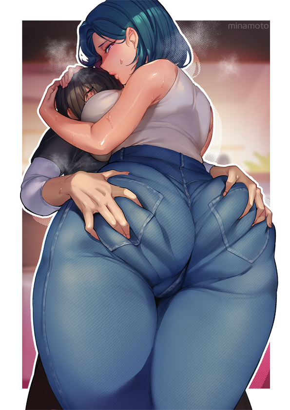 1boy 1boy1girl ass ass_grab big_ass groping hug huge_ass huge_breasts jeans milf minamoto pants presenting_hindquarters simple_background size_difference thick_thighs tight_jeans tight_pants