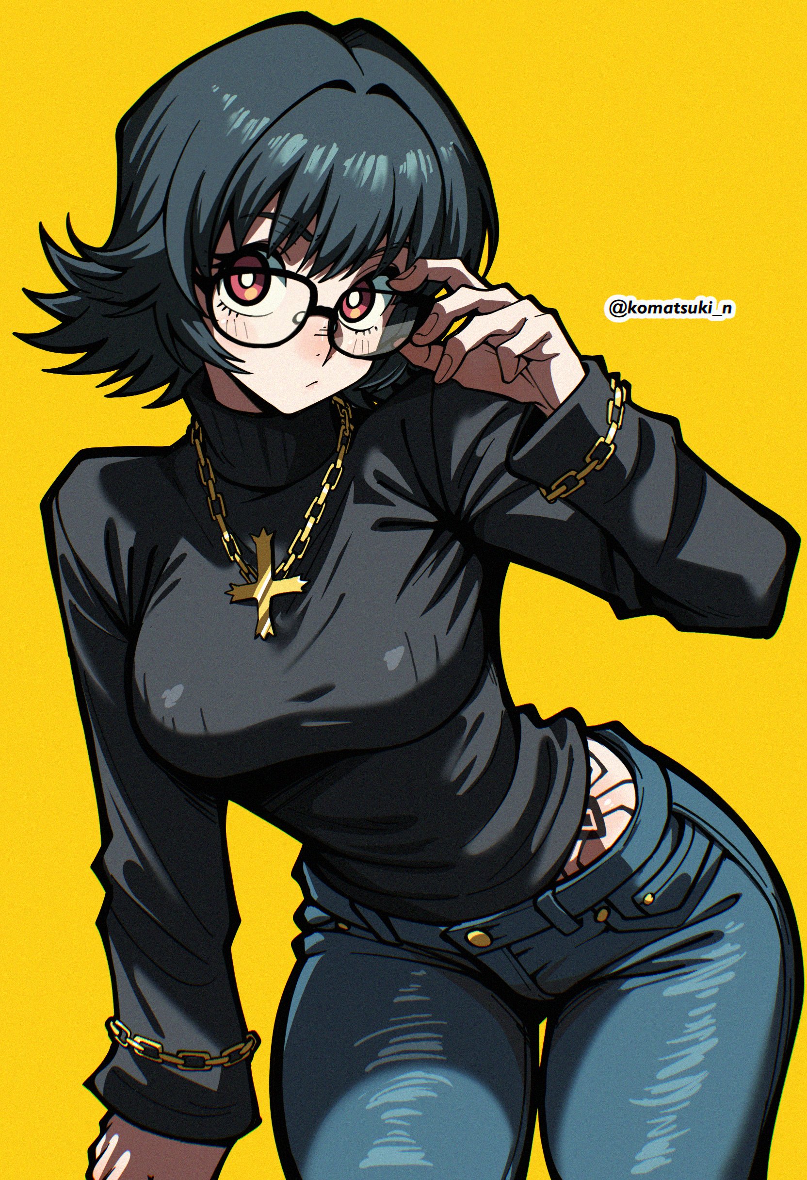 absurdres, adjusting glasses, artist name, big breasts, black hair, black sweater, black tattoo, blue jeans, blue pants, blush, blush lines, blushing, breasts, chain bracelet, chain bracelets, chain necklace, chains, commentary, cowboy shot, cross, cross necklace, denim, female, glasses, highres, hunter x hunter, inverted cross, jeans, komatsuki n, large breasts, medium hair, pants, phantom troupe, round eyewear, shizuku murasaki, short hair, simple background, solo, spider tattoo, tattoo, thick thighs, thighs, twitter username, yellow background
