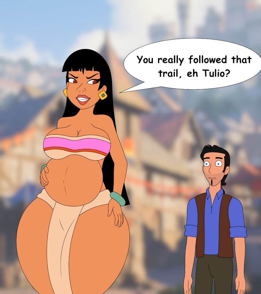 1boy 1boy1girl 1girls belly big_belly big_breasts black_hair breasts chel cleavage dark-skinned_female dark_skin dialogue earrings female female_focus foxtide888 hand_on_belly hand_on_hip interracial latina male partially_clothed pregnant text the_road_to_el_dorado thick_thighs tulio_(the_road_to_el_dorado) wide_hips