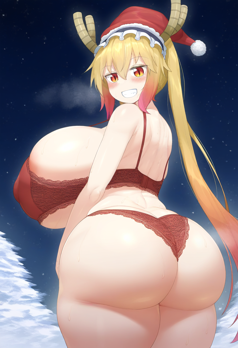 1girls ai_generated ass big_ass big_breasts bimbo blonde_hair blush bra breasts breasts_bigger_than_head christmas_headwear christmas_outfit clenched_teeth eroeroai female gigantic_breasts horns huge_ass huge_breasts hyper_breasts large_ass large_breasts long_hair maid_headdress miss_kobayashi's_dragon_maid panties smile solo tohru_(dragon_maid) twintails