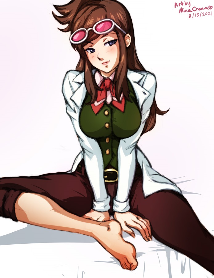 1girls ace_attorney barefoot black_eyes blue_eyes breasts brown_hair clothed_female ema_skye feet feet_only female female_only glasses gyakuten_saiban horny_female labcoat large_breasts long_hair minacream no_shoes open_shirt shirt shoes_removed smile solo thin_female