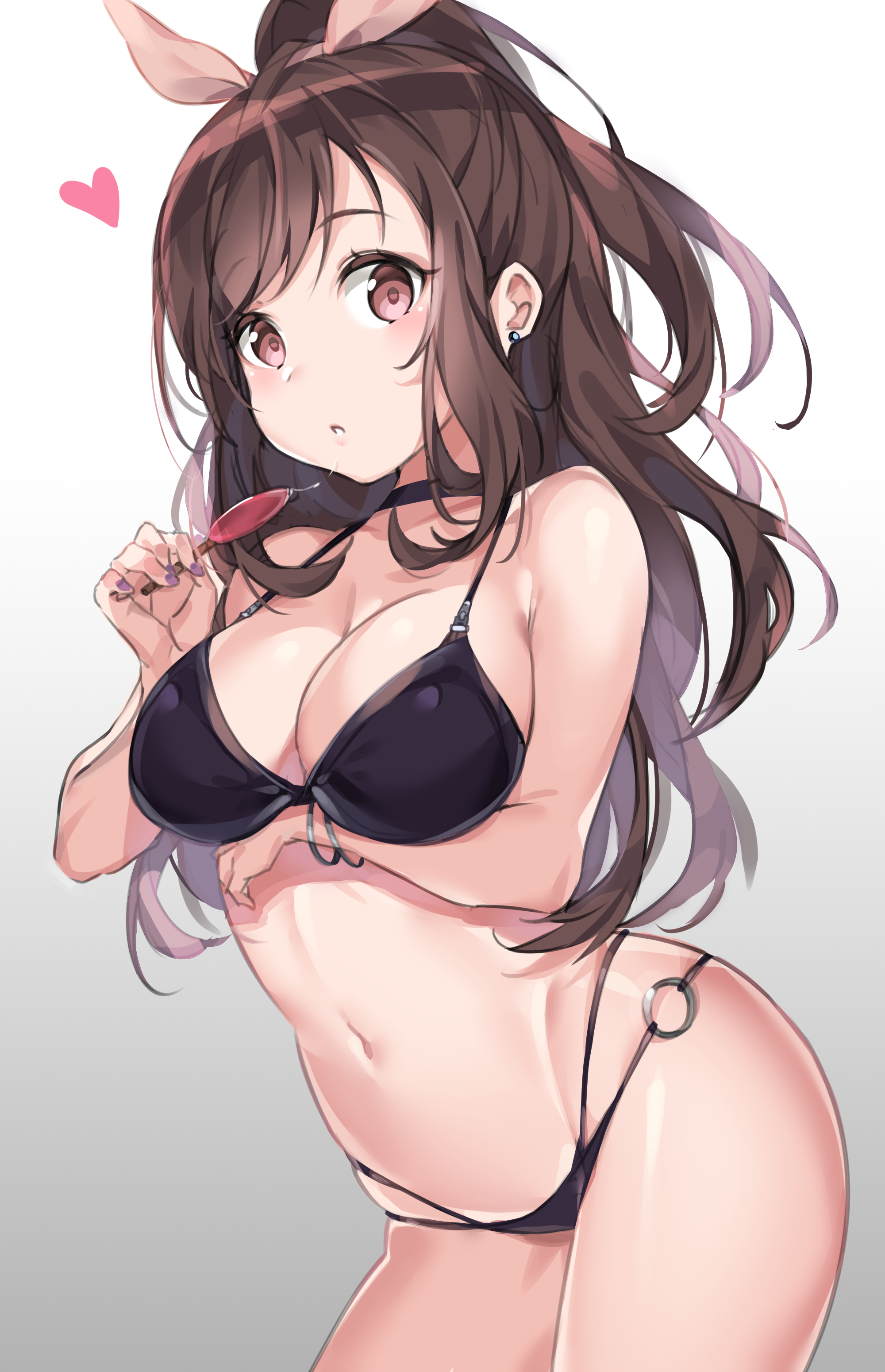 1girls, 2d, belly, bikini, bracelet, breasts, brown eyes, brown hair, choker, ear piercing, female, heart, idolmaster, idolmaster shiny colors, lollipop, long hair, medium breasts, swimsuit, tem10, tsukioka kogane