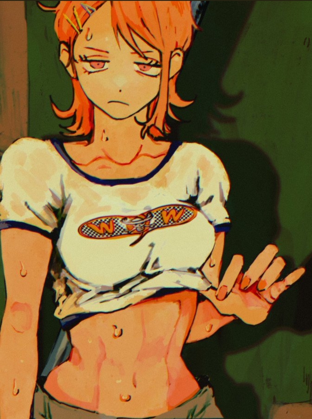 1girls, breasts, collarbone, crop top, female, female only, green background, jitome, lifted by self, looking at viewer, makenevemoiine, medium breasts, midriff, nami (one piece), navel, one piece, orange eyes, orange hair, orange-haired female, short hair, short sleeves, solo, sweat, sweatdrop, tagme, upper body, warm colors, warm lighting, white shirt