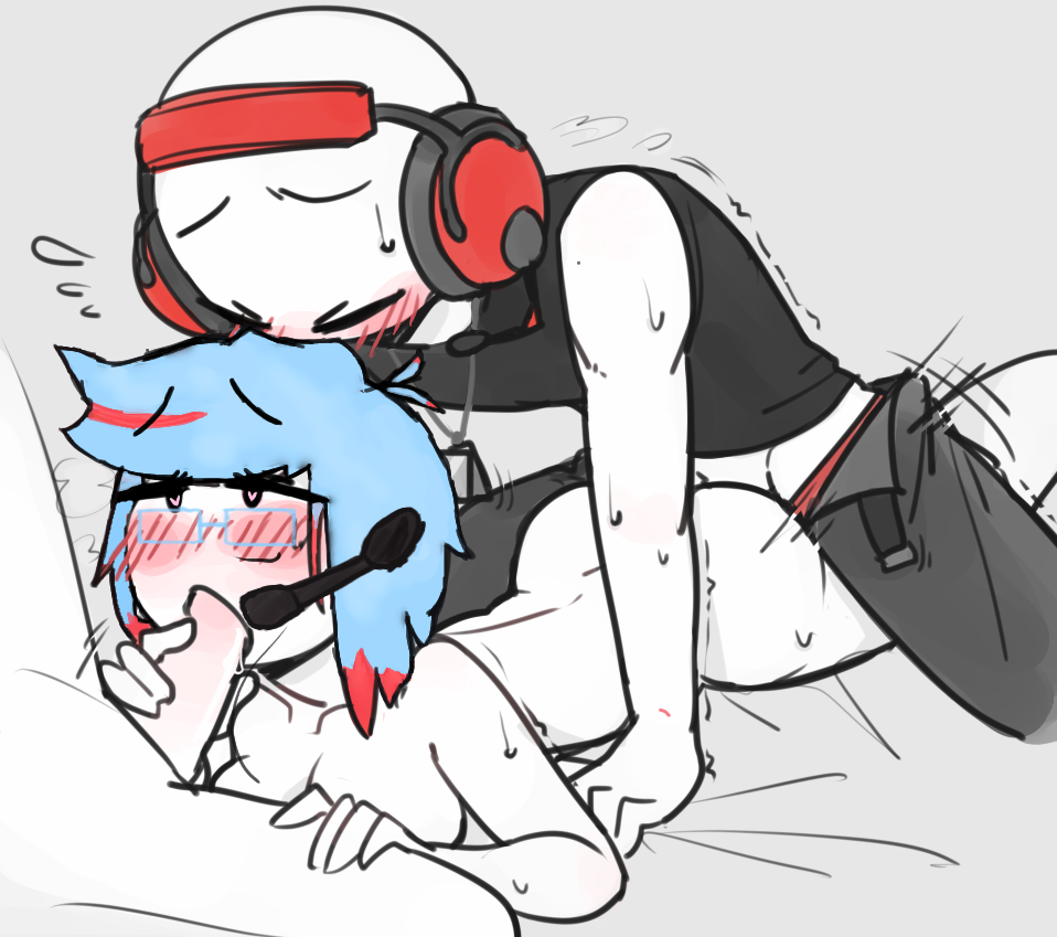 anahi_stickman anal blowjob blue_hair blush breasts clothed_male_nude_female headset headset_microphone tagme