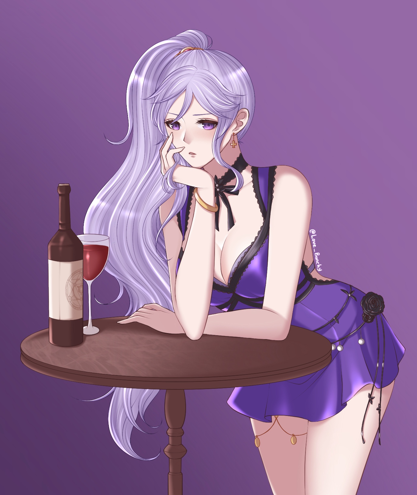 1girls, alcohol, artist name, bent over, black flower, black rose, blush, bottle, bracelet, breasts, choker, cleavage, commission, cosplay, crossover, cup, dress, drinking glass, drunk, earrings, female, final fantasy, final fantasy vii, final fantasy vii remake, fire emblem, fire emblem heroes, fire emblem: genealogy of the holy war, flower, hair ornament, hand on own face, highres, ishtar (fire emblem), jewelry, leaning forward, long hair, looking at viewer, love bunchy, nintendo, ponytail, purple background, purple dress, purple eyes, purple hair, ribbon, rose, simple background, solo, table, tifa lockhart, tifa lockhart (cosplay), watermark, wine bottle, wine glass