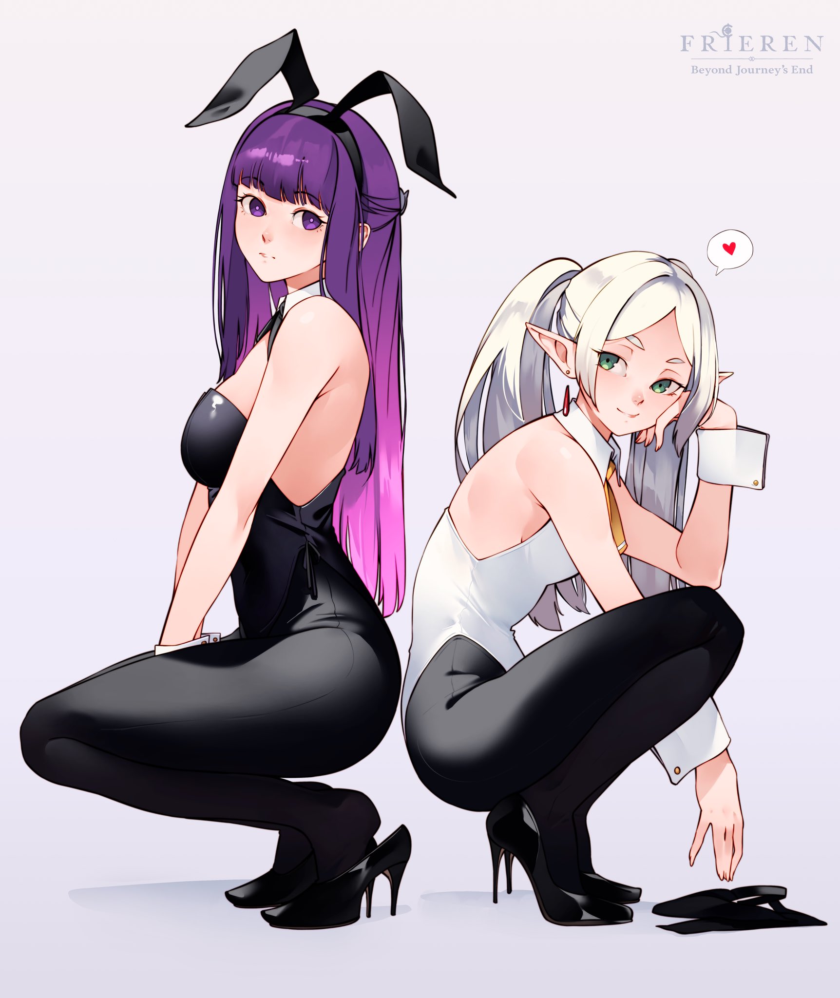 2girls, bunny ears, bunny girl, bunnysuit, cesar art456, elf, elf ears, elf female, elf girl, female, female focus, female only, fern (sousou no frieren), frieren, high heels, leggings, multiple females, multiple girls, pointy ears, purple eyes, purple hair, sousou no frieren, tights, white hair