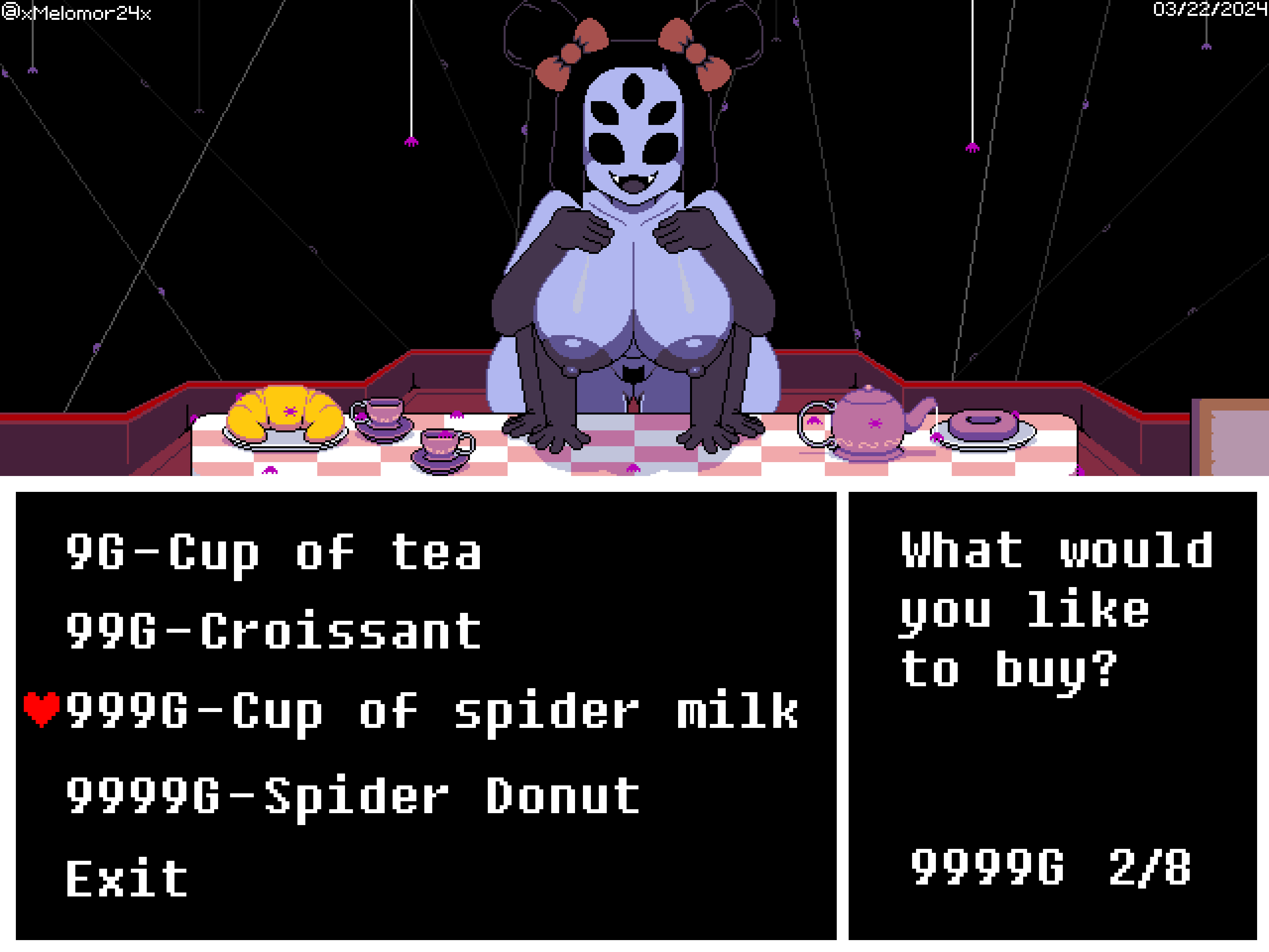 1girls 2d areola areolae big_breasts bow breasts duct_tape english_text female female_focus female_only game_ui gameplay_mechanics huge_breasts humanoid muffet nipples pixel_(artwork) pixel_art purple_body spider_girl spider_humanoid tagme text undertale undertale_(series) xmelomor24x