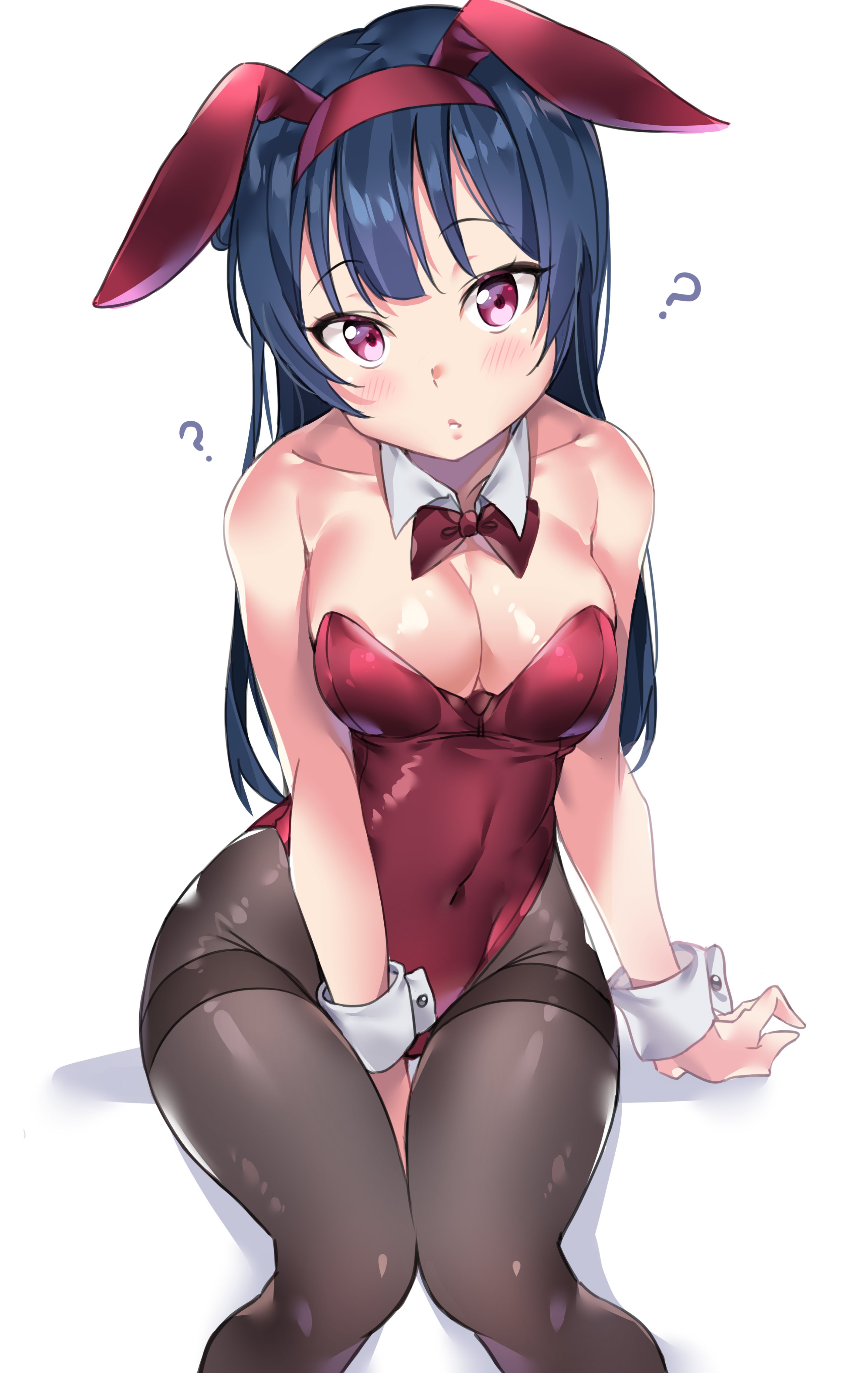 ?, blue hair, blush, breasts, bunny ears, bunnysuit, female, love live!, love live! sunshine!!, medium breasts, pantyhose, purple eyes, tem10, tsushima yoshiko, wrist cuffs
