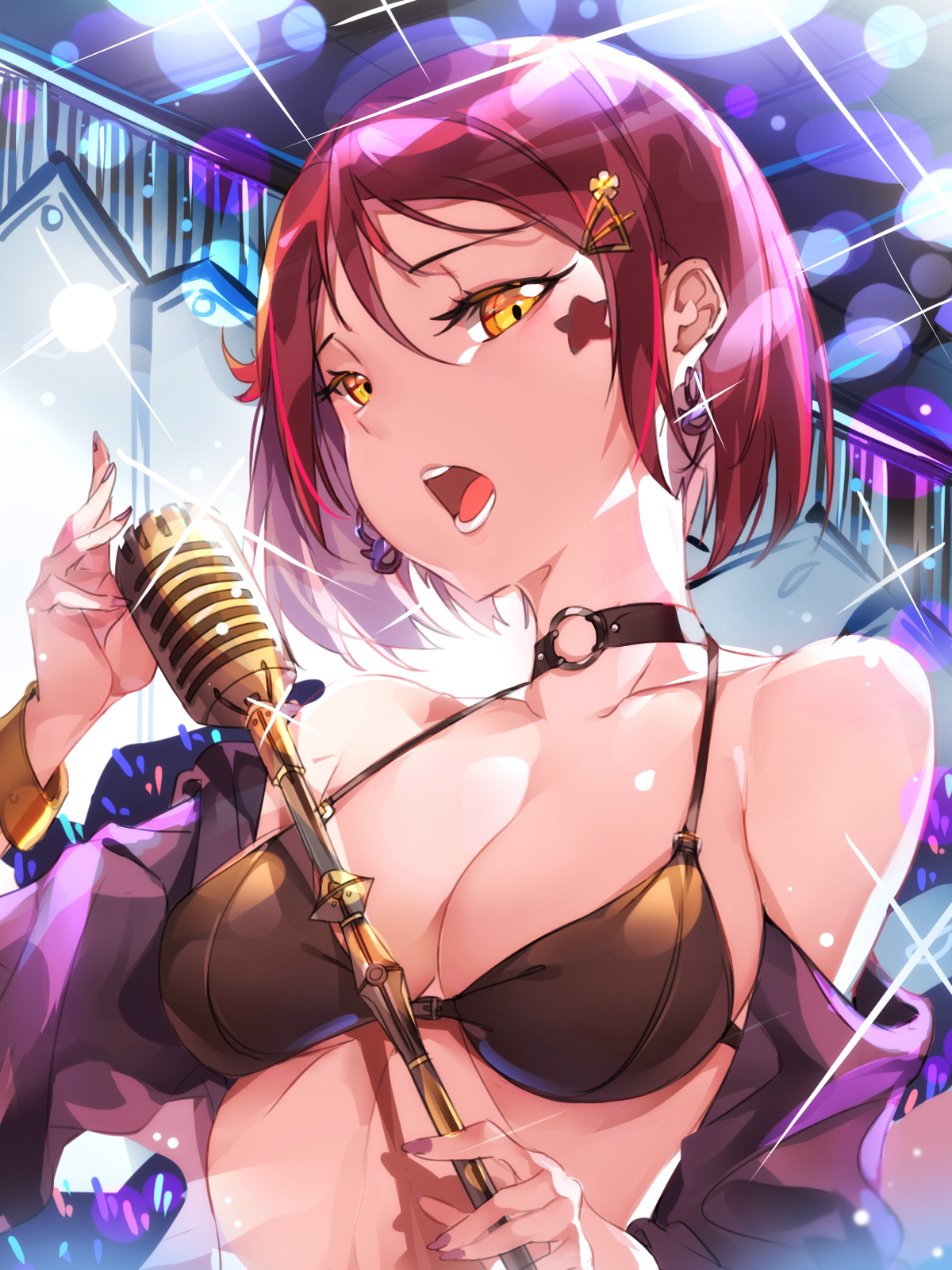 1girls, alternate hair length, alternate hairstyle, bikini, breasts, choker, female, hair ornament, love live!, love live! sunshine!!, medium breasts, microphone, open mouth, red hair, sakurauchi riko, tem10, yellow eyes