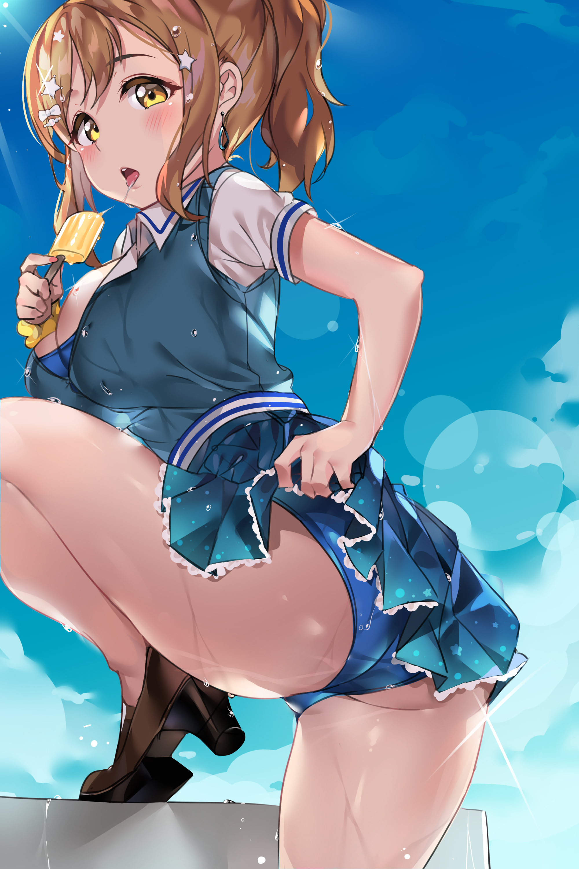 ass, big breasts, blue panties, breasts, brown hair, cleavage, female, hair ornament, kunikida hanamaru, love live!, love live! sunshine!!, open mouth, panties, popsicle, tem10, yellow eyes