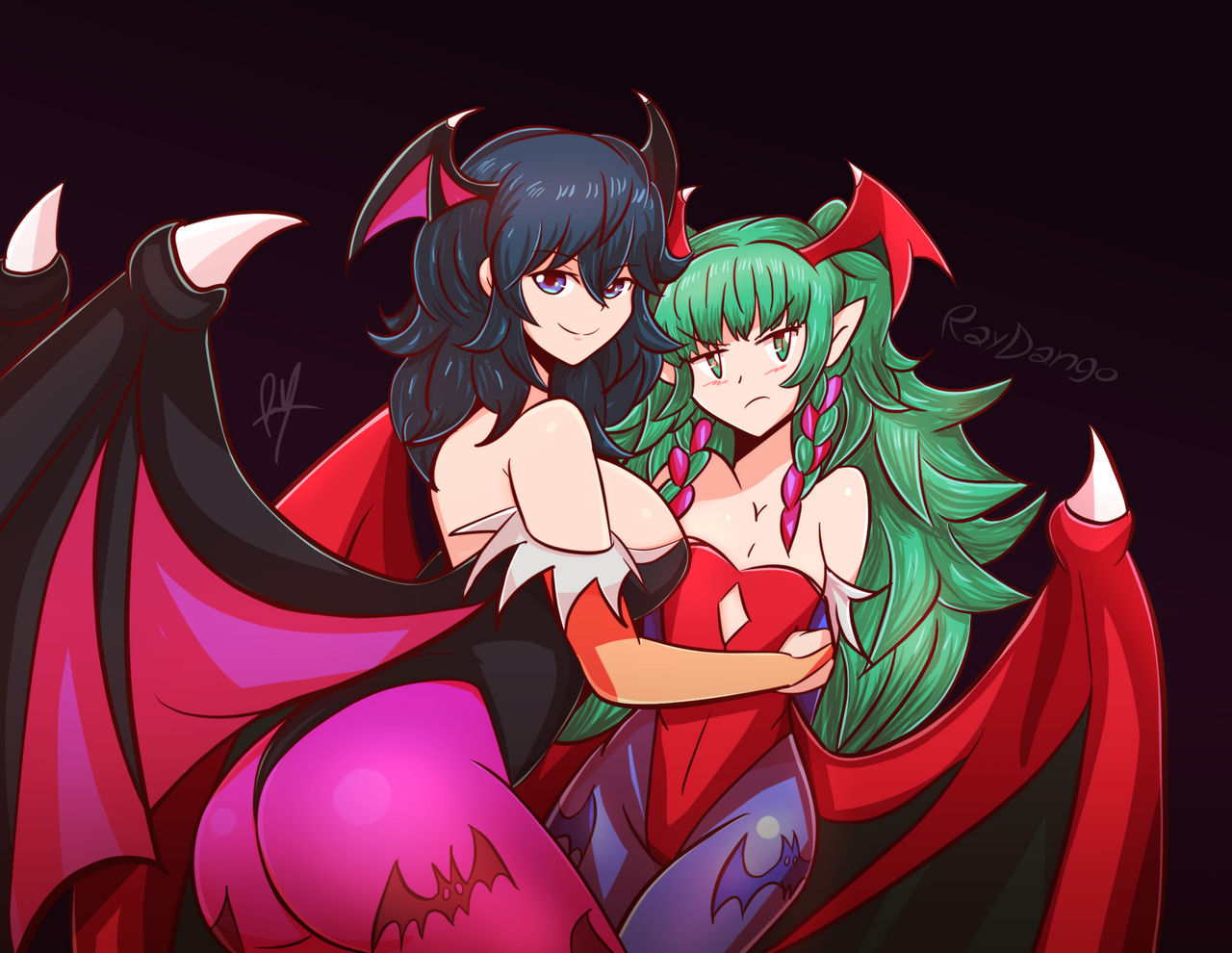 2girls, ass, bare shoulders, bat print, bat wings, blue eyes, blue hair, blush, breasts, byleth (fire emblem), byleth (fire emblem) (female), capcom, clothing, cosplay, darkstalkers, female, female only, fire emblem, fire emblem heroes, fire emblem: three houses, flat chest, green eyes, green hair, huge ass, large ass, large breasts, lilith aensland (cosplay), long hair, looking at viewer, looking back, medium breasts, medium hair, morrigan aensland (cosplay), multiple females, multiple girls, naughty face, nintendo, raydango, seductive smile, small breasts, smile, sothis (fire emblem), thick thighs
